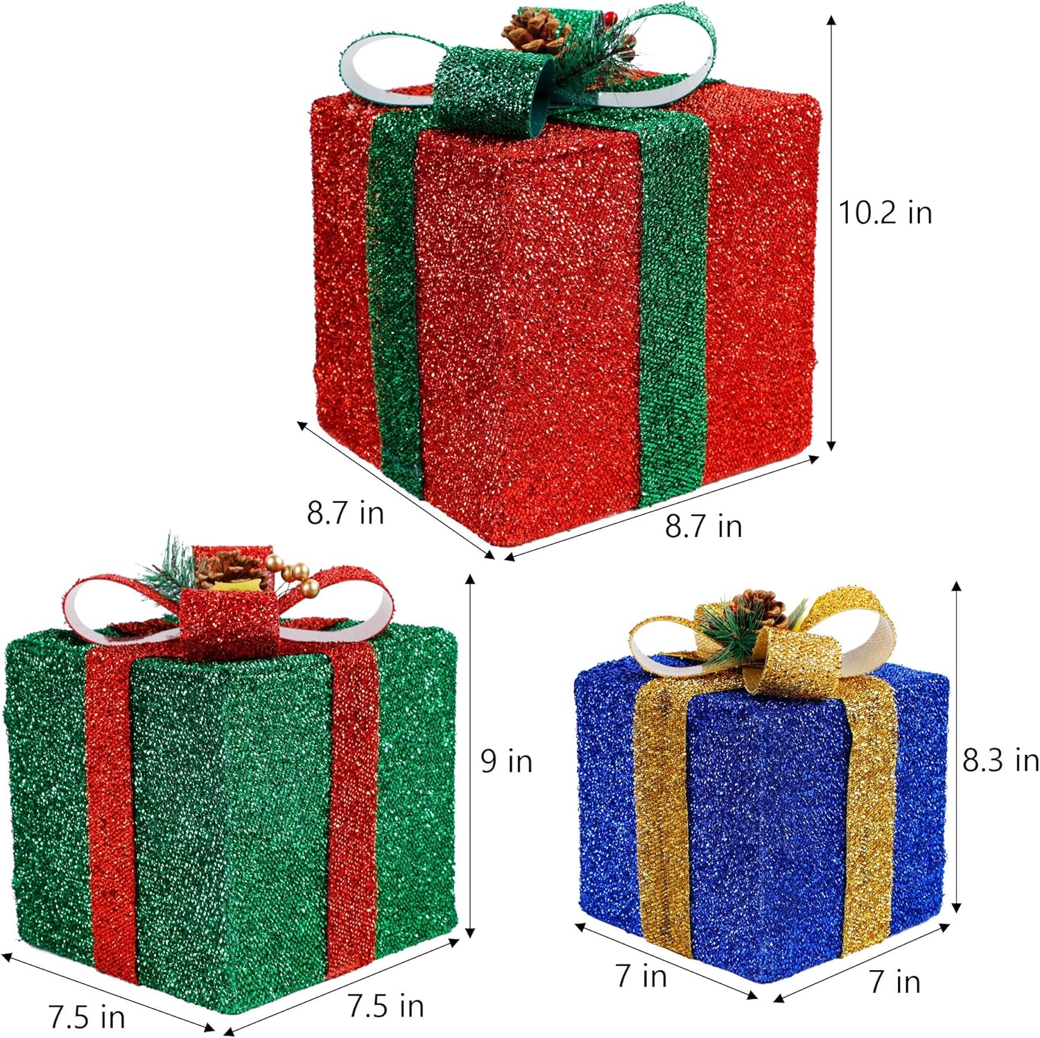 Twinkle Star Juego de 3 cajas de regalo de Navidad iluminadas, caja de regalo de oropel, 60 luces LED preiluminadas, adorno de falda de árbol,