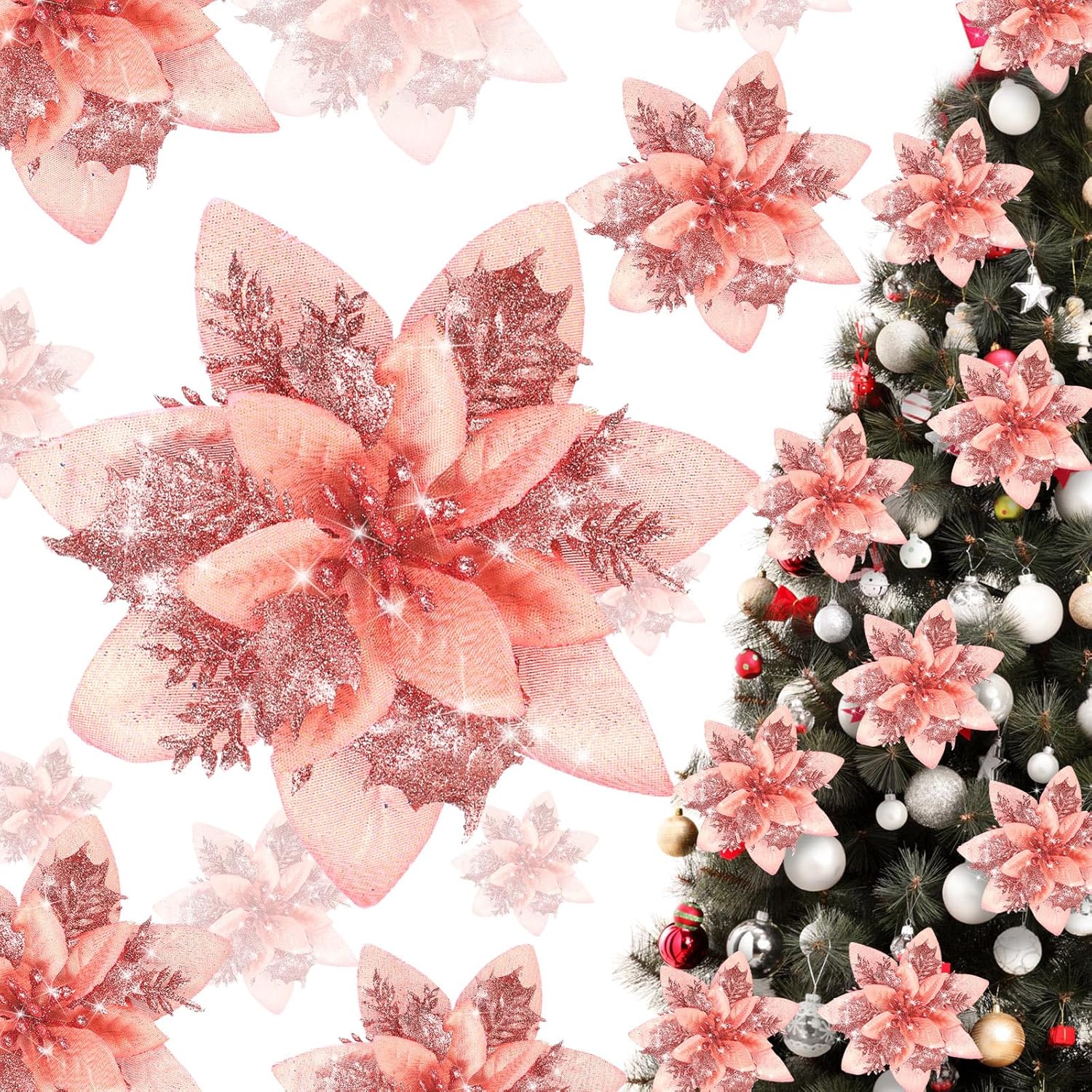 Adornos de flores de Pascua artificiales de Navidad con purpurina y clips y tallos, adornos para árbol de Navidad de Pascua con purpurina para boda