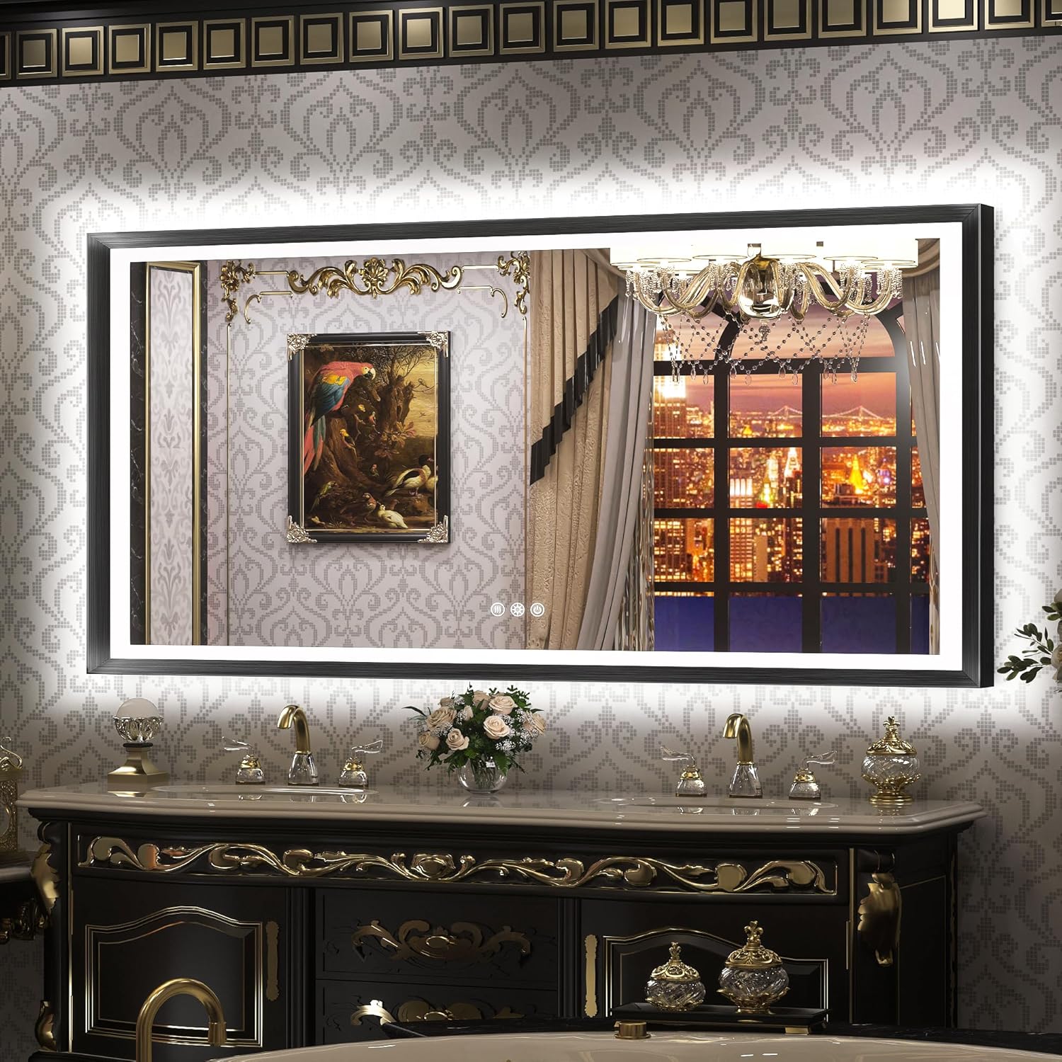 TETOTE Espejo LED de 72 x 36 pulgadas para baño, marco de metal negro frontal y retroiluminado, espejo de tocador barroco, gótico, antivaho sin
