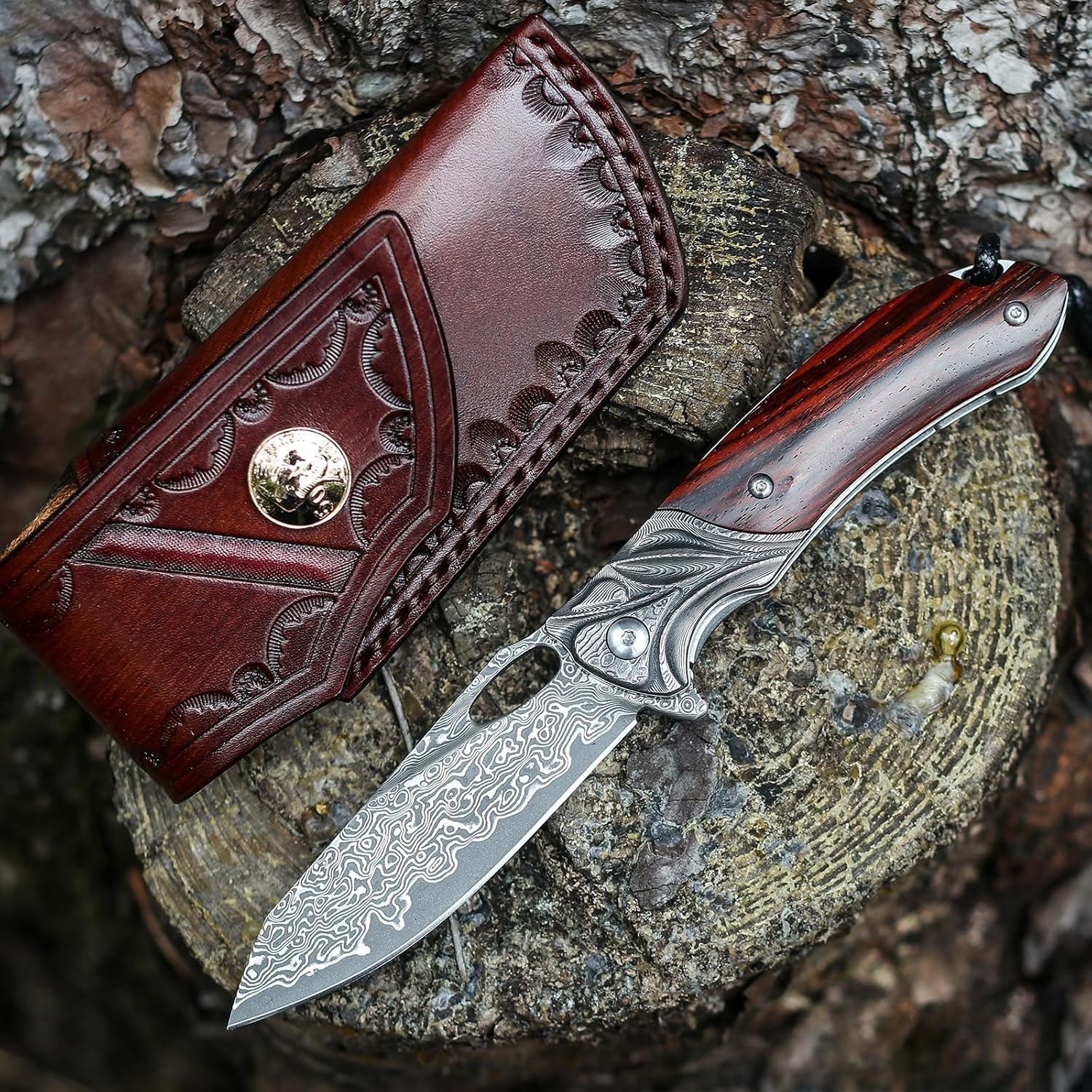 VNLA Exquisito cuchillo de bolsillo plegable de acero de Damasco Japón Praxis, cuchillo plegable de hoja VG10, con funda de cuero hecho a mano, clip