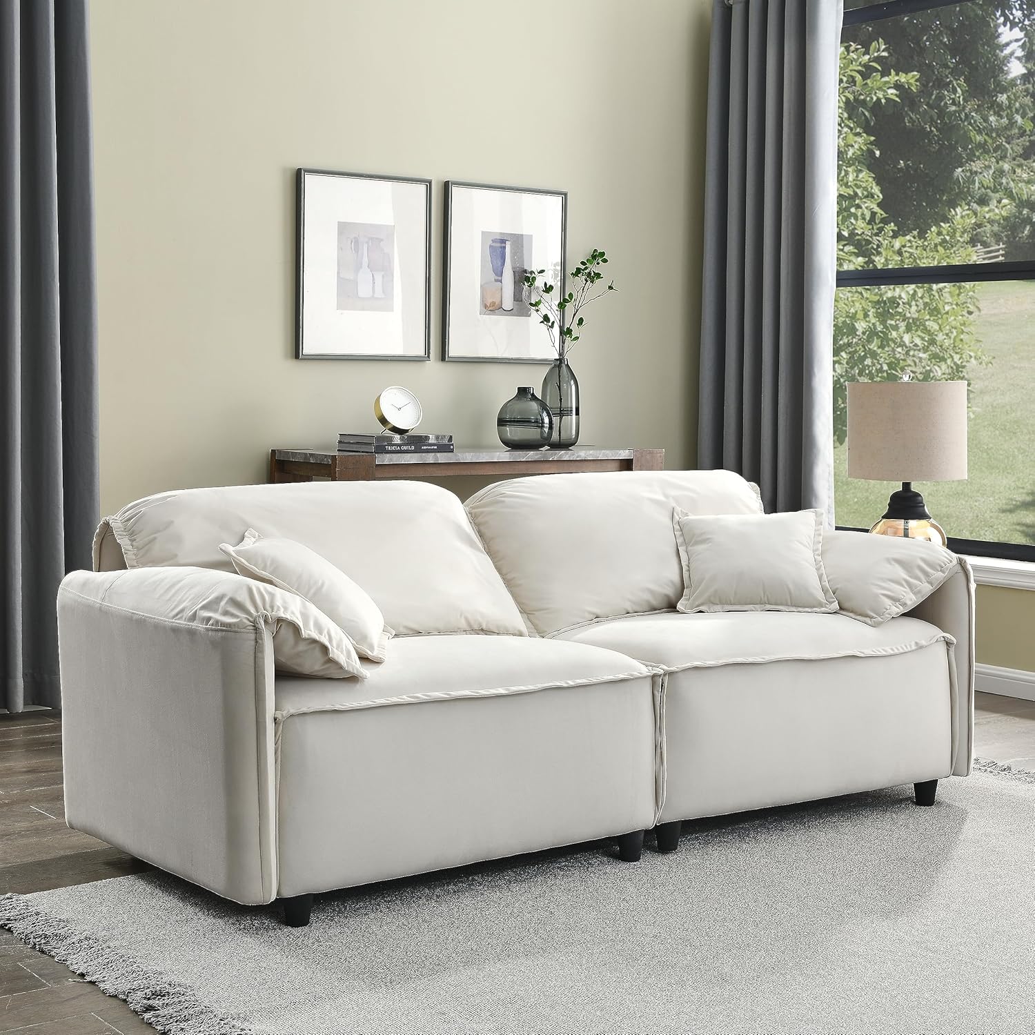 Sofá moderno tapizado de terciopelo con marco de madera maciza, sofá de 3 plazas, sofá de lujo para sala de estar, apartamento, oficina (beige)