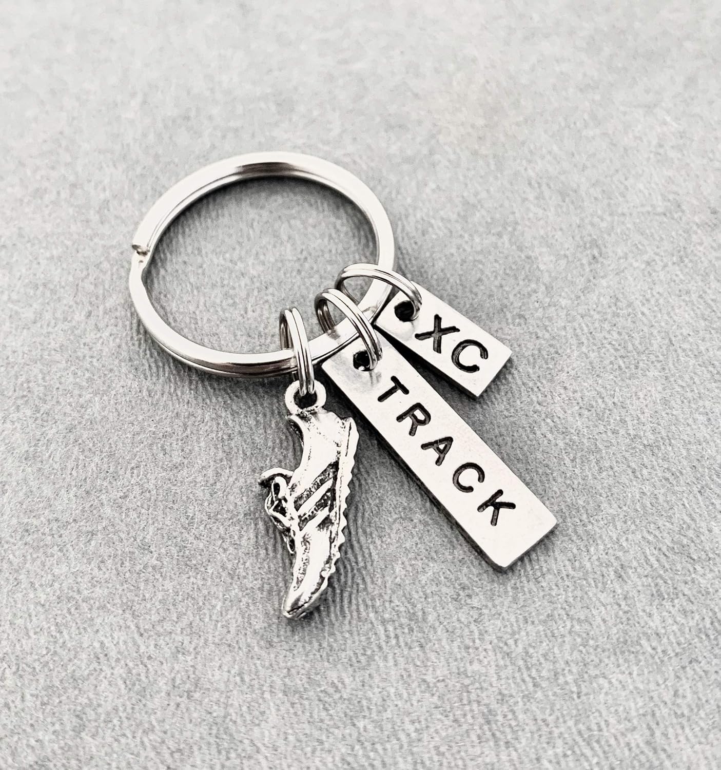 Pewter RUN TRACK XC Key Chain – Pewter Running Shoe Charm, Pewter TRACK Pendant and Pewter XC Charm on Round Key Ring – All Pewter Key