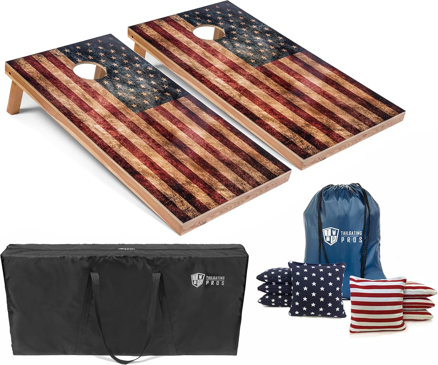 Tailgating Pros Rustic American Flag Cornhole Boards wBean Bags – 4’x2′ Distressed Flag Cornhole Game wCarrying Case & Corn Hole Bags