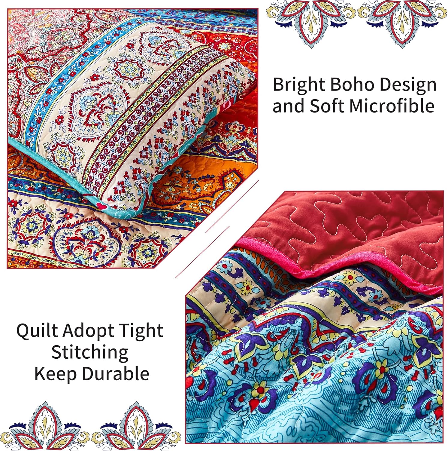 WONGS BEDDING Juego de edredón bohemio tamaño King, juego de colcha de 3 piezas de rayas rojas bohemias de microfibra ligera para todas las