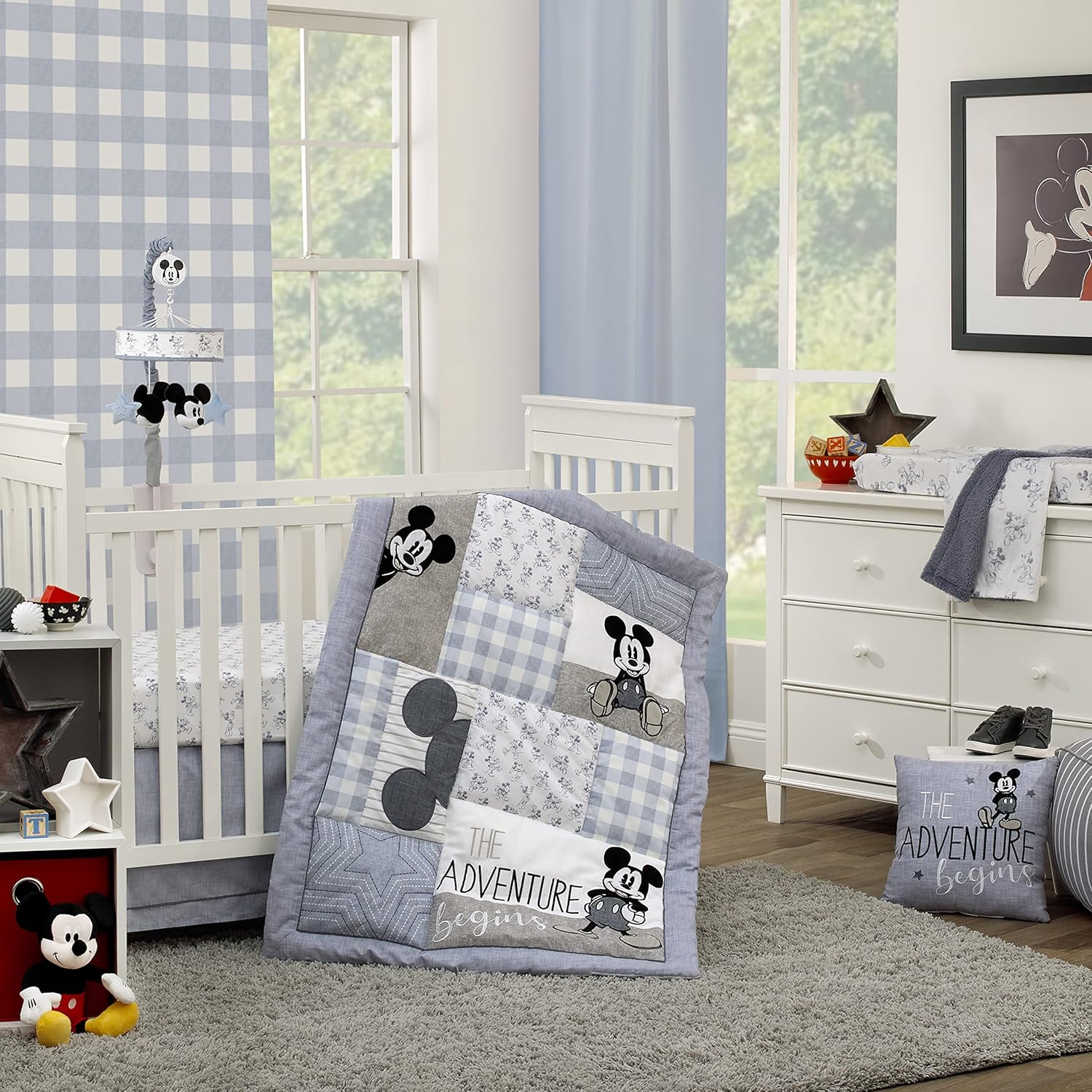 Disney Mickey Mouse – Call Me Mickey White and Blue The Adventure Begins Stars and Gingham 100% algodón Photo Op Nursery Sábana bajera ajustable