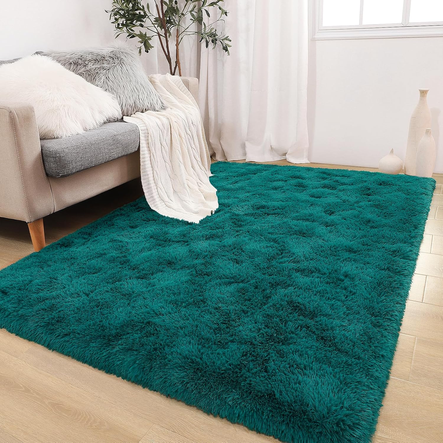 Alfombra de sala de estar, alfombra de área de 6 x 9 pies, color verde azulado, alfombras esponjosas para dormitorio, alfombras peludas para
