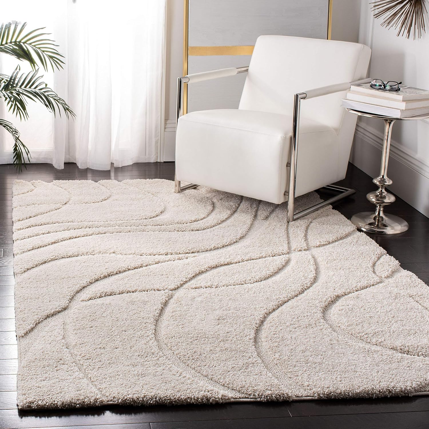 SAFAVIEH Colección Florida Shag SG471 – Alfombra con ondas abstractas de 4 x 6 pies, color cremacrema, para sala de estar, dormitorio, comedor,