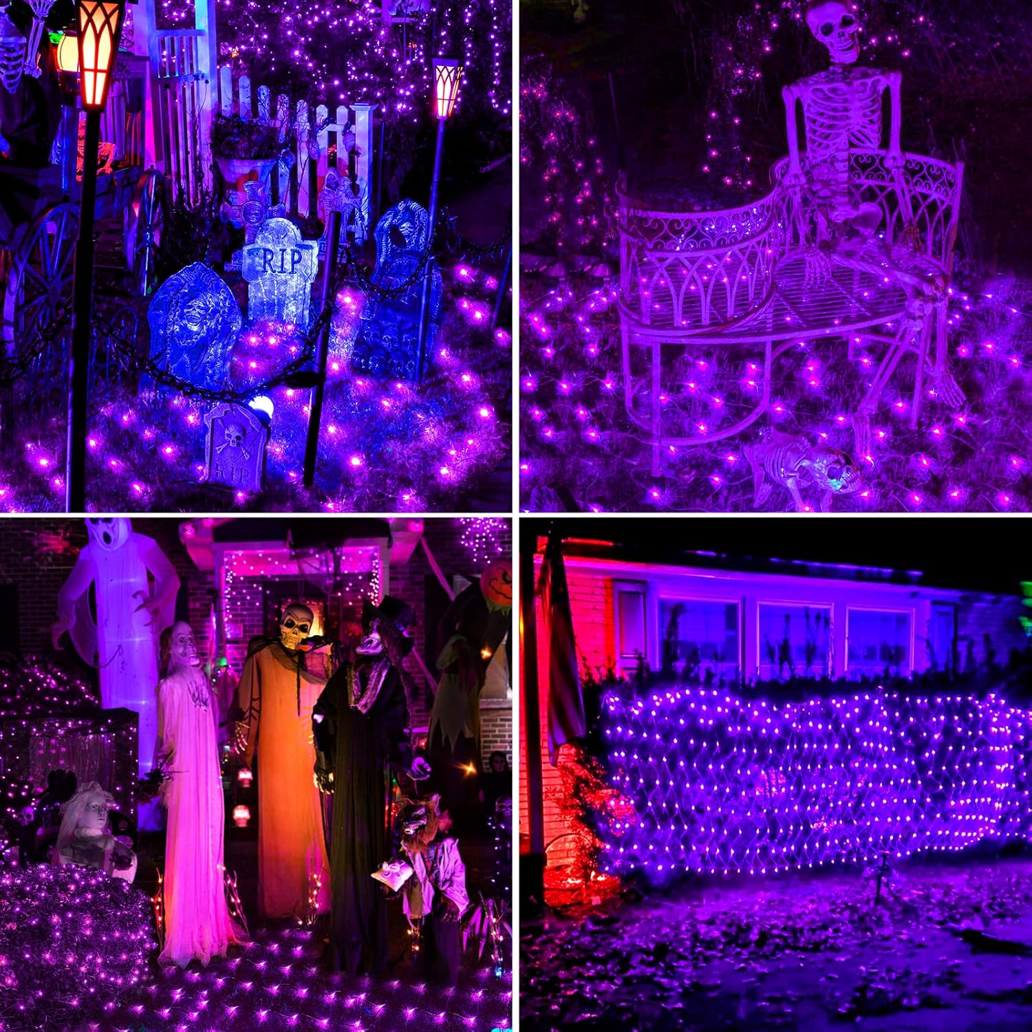 Luces de red de Halloween, 200 luces LED de 8.2 pies x 4.9 pies, luces moradas de Halloween con 8 modos, temporizador, conectable, diseño de alambre