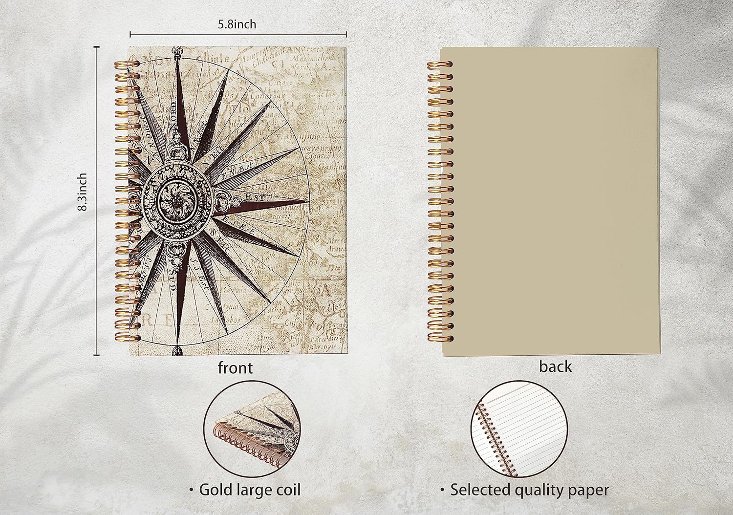 Cuaderno de espiral con brújula de mapa vintage de 8.3 x 5.5 pulgadas, tapa dura, con rayas universitarias, diario para tomar notas, regalos para