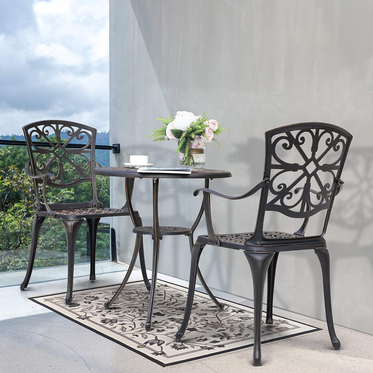 NUU GARDEN Bistro – Juego de 3 piezas para exteriores de aluminio fundido para todo tipo de clima, juego de mesa y sillas de patio con agujero para