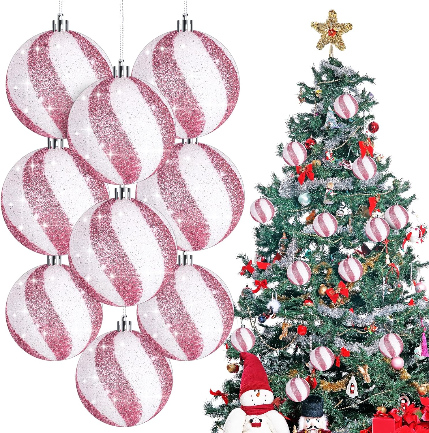 Liliful 12 bolas de Navidad de 3.15 pulgadas, con purpurina, decoración de árbol de Navidad, adornos de Navidad pintados de plástico, adornos para