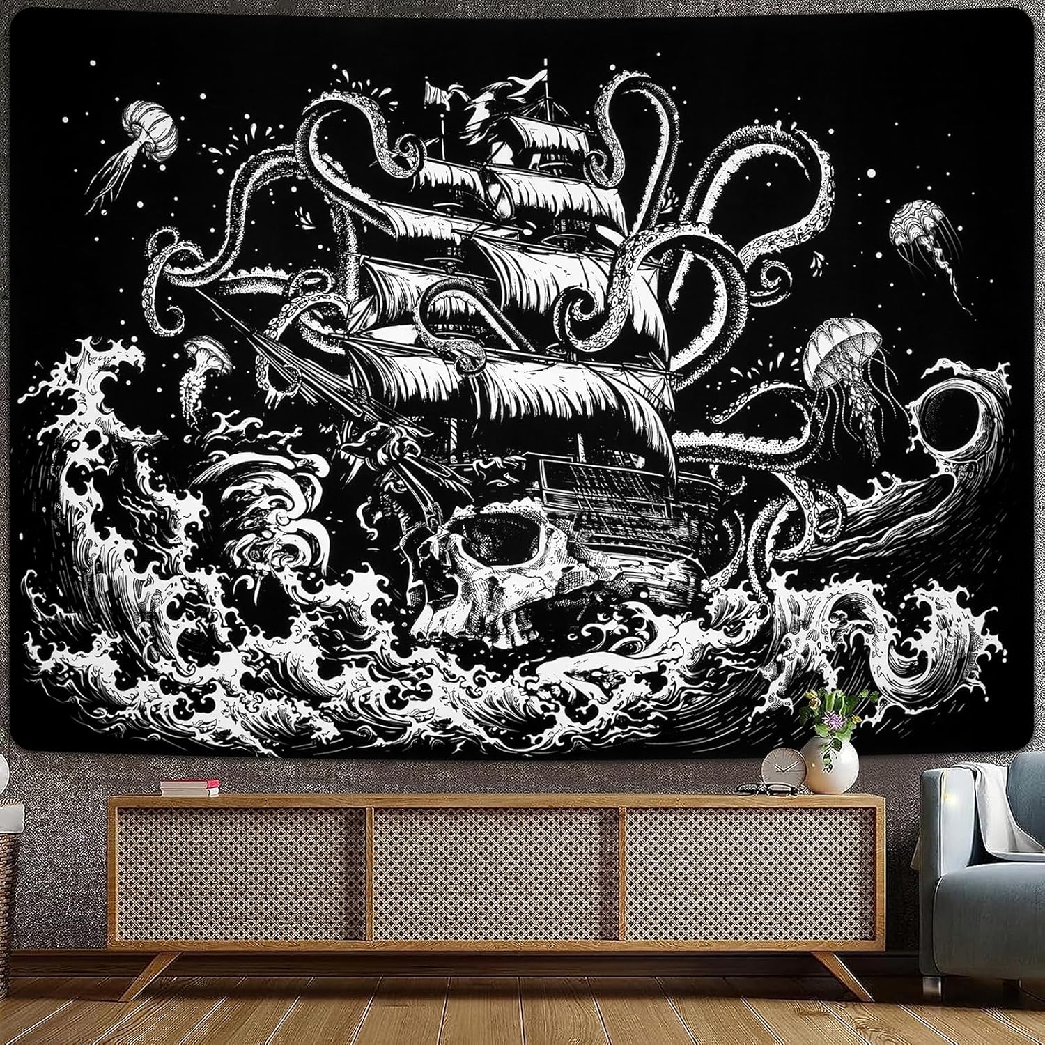 Krelymics Tapiz de olas del océano, tapices náuticos, tapiz de anime japonés, tapiz gótico de velero, decoración de pared, tapiz de pulpo blanco y