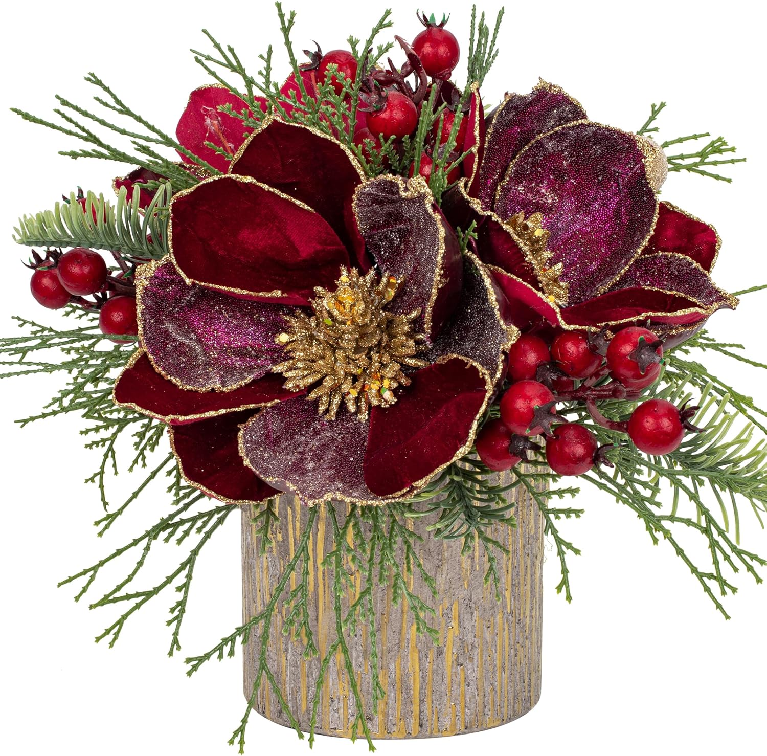 Centro de mesa de Navidad rojo de 12 pulgadas, 5 pulgadas, flor de magnolia con purpurina y bayas rojas, abeto, centro de mesa artificial de Navidad