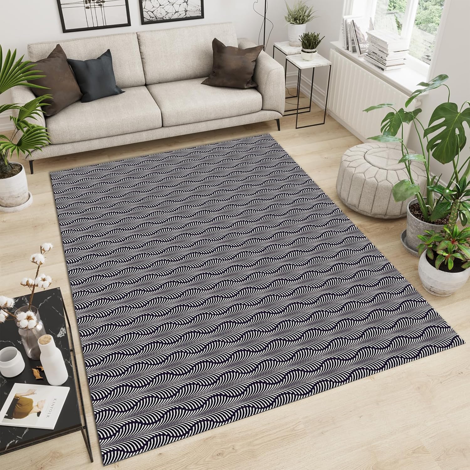 Alfombra gris creativa de líneas onduladas, exquisita arte simple, suave, lavable, alfombra de interior, fácil de limpiar, para mesita de noche,