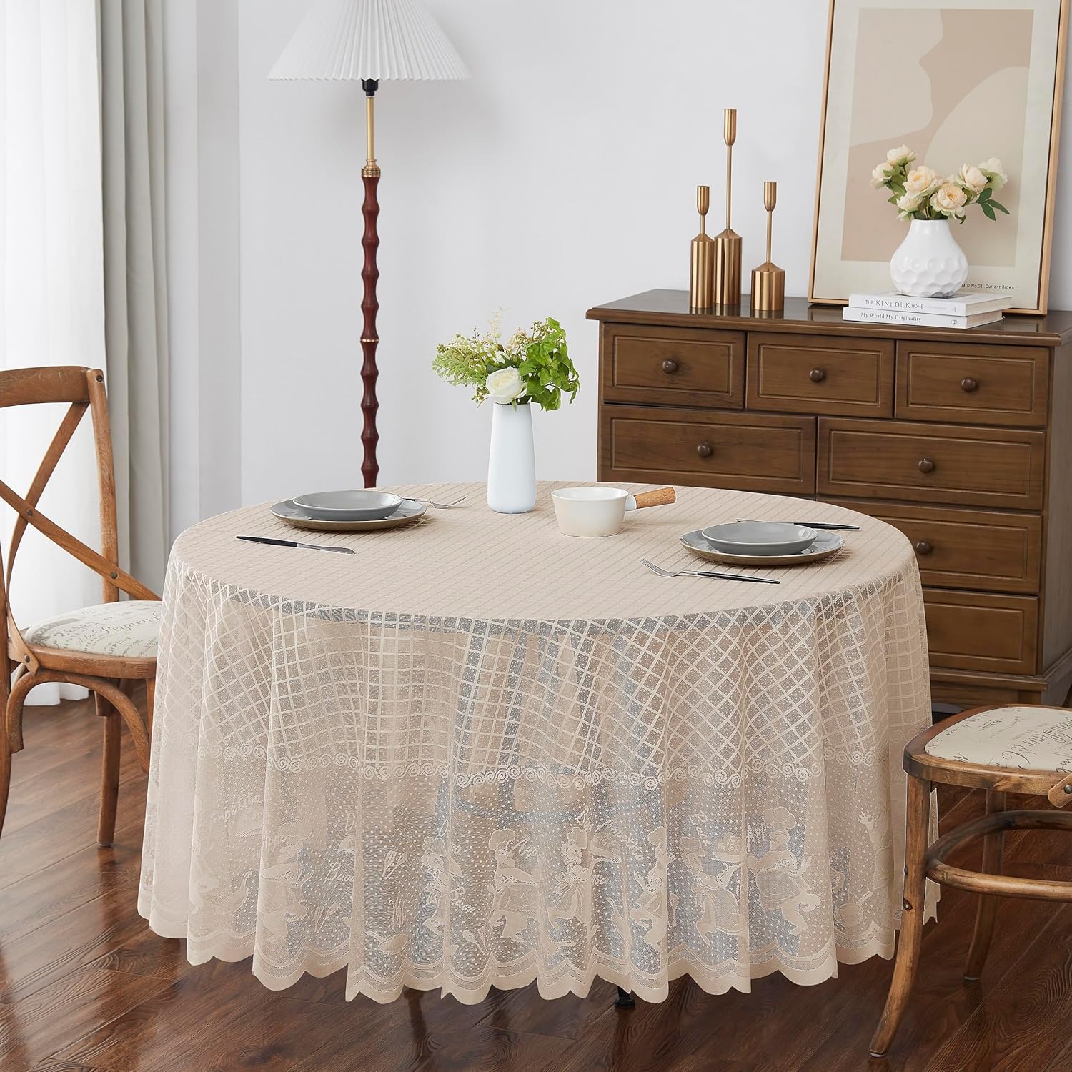 Warm Home Designs Mantel redondo de 90 pulgadas. Mantel de encaje vintage que se puede utilizar como mantel de lino para decoración de mesa de