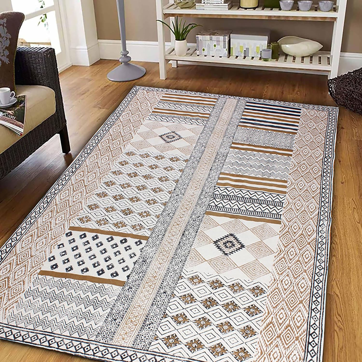 Collection – Alfombra rectangular de 5 x 8 pies, color marrón y negro, de algodón, diseño geométrico Dhurrie, para interiores y exteriores, para
