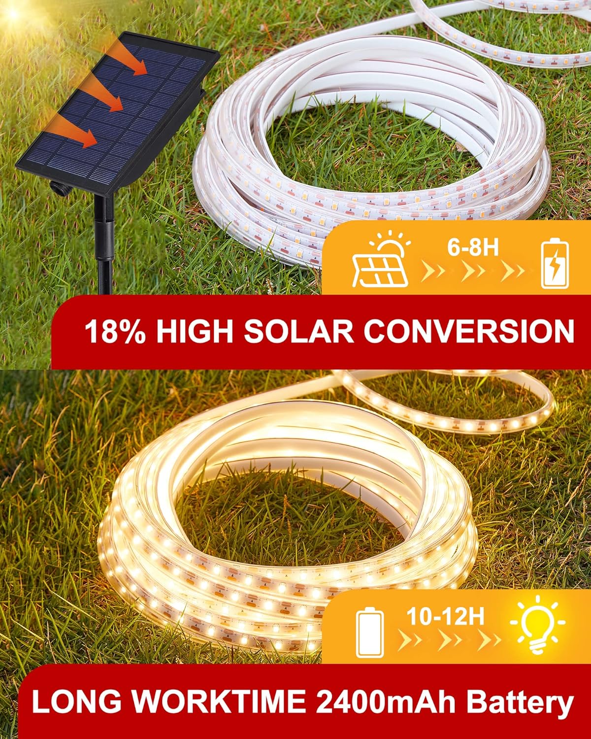 LUHLEE Tira de luces LED solares para exteriores, 600 luces LED más brillantes de 32.8 pies para exteriores con control remoto, 8 modos de