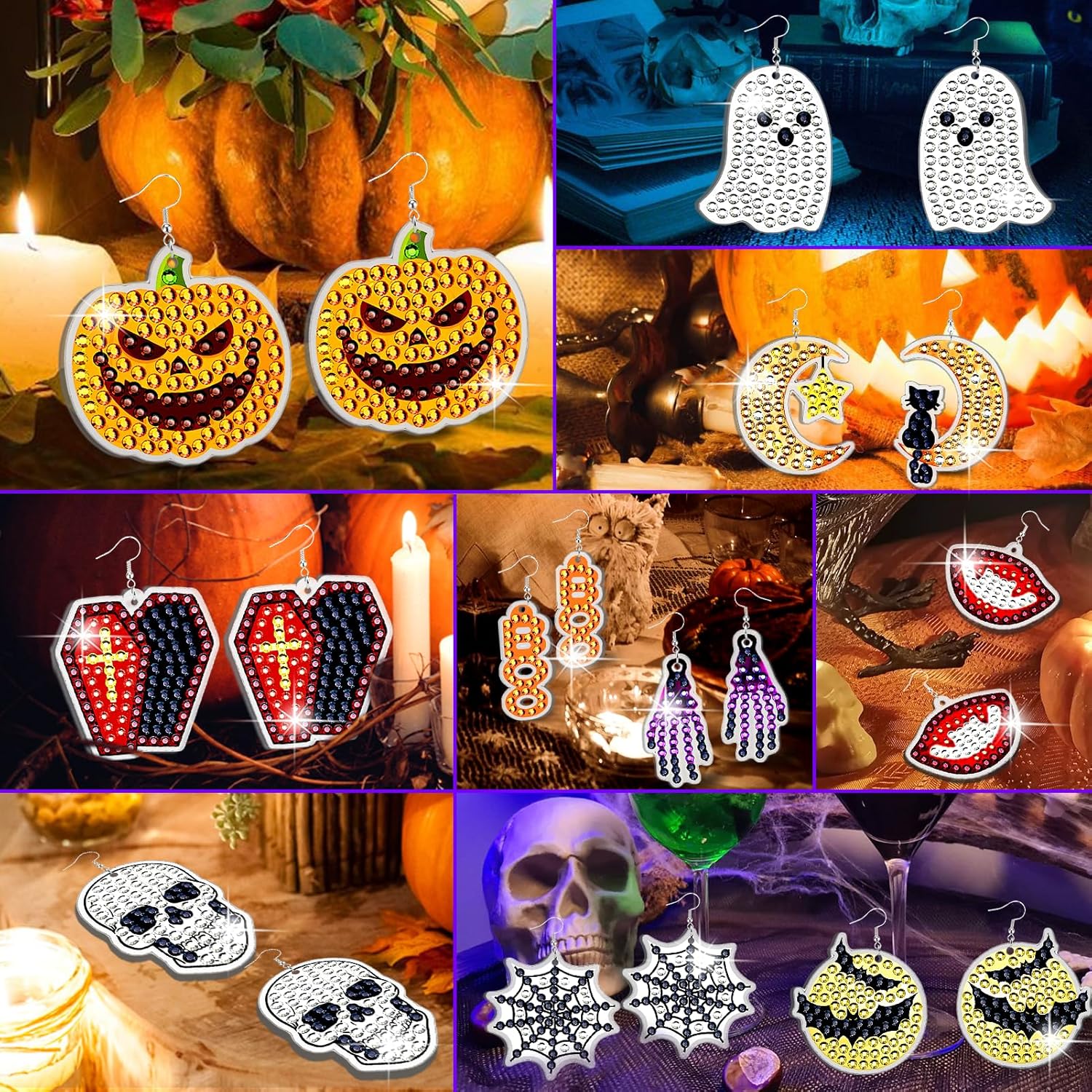 BSRESIN 20 piezas de pintura de diamantes de Halloween, aretes de pintura de diamantes, manualidades de Halloween para adultos, suministros de arte