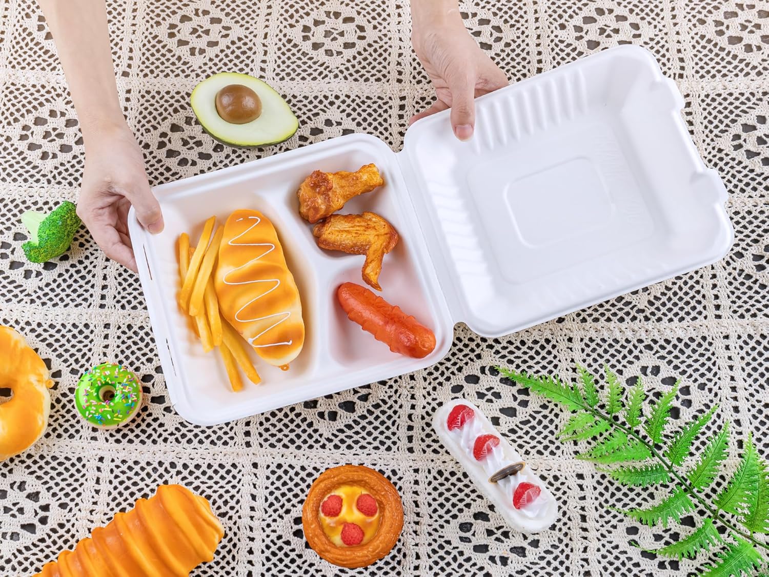 AUEAR, 8 pulgadas, 3 compartimentos paquete de 100, contenedores de alimentos compostables para llevar, cajas para alimentos, contenedor de