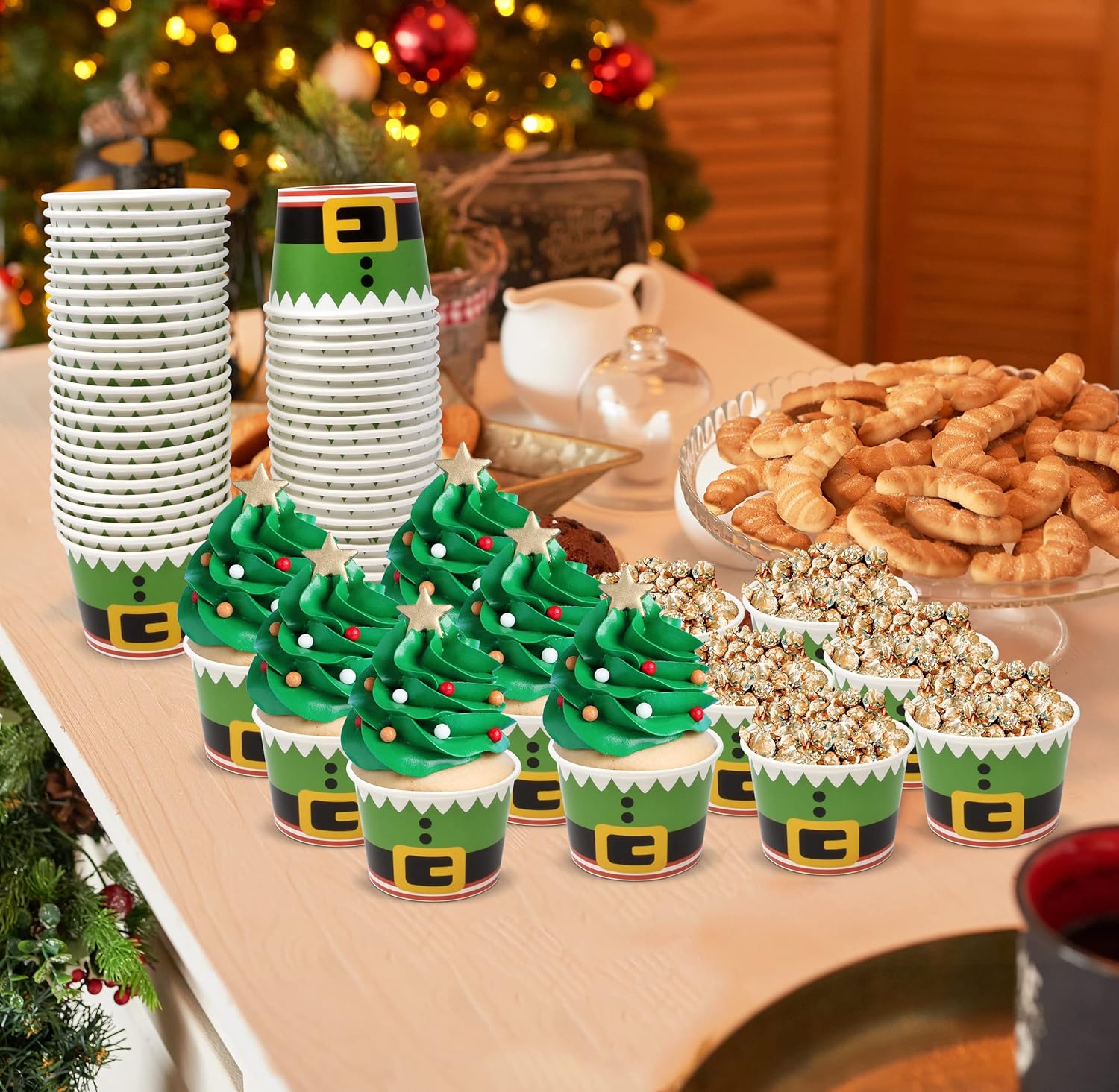 Gift Boutique 48 bocadillos de Navidad de 10 onzas, cinturón de elfo de Navidad, taza de papel desechable, tazones de helado de postre, rojo, verde,