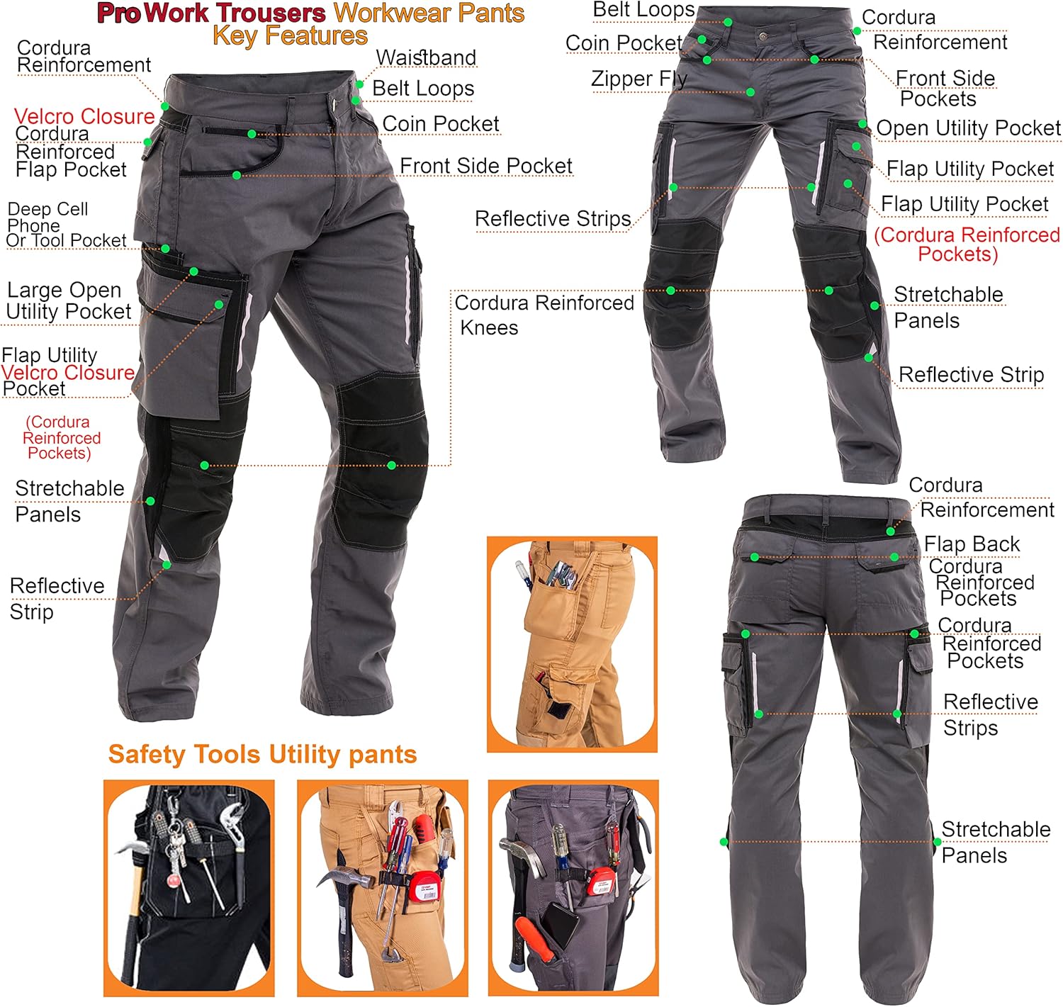 Pantalones de construcción para hombre, pantalones de trabajo resistente, para carpintero, refuerzo de rodilla, pantalones de seguridad Cordura