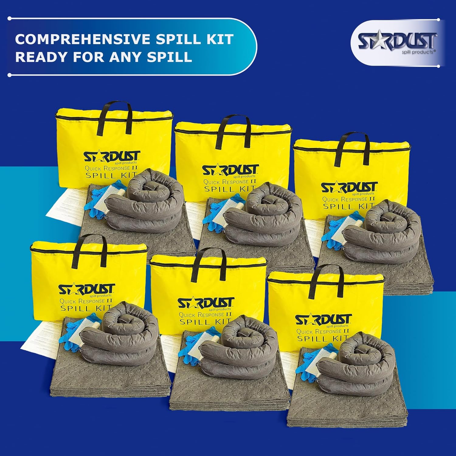 Stardust Quick Response Kit universal para derrames paquete de 6 unidades. Cada paquete incluye bolsa de lona amarilla, 15 almohadillas absorbentes