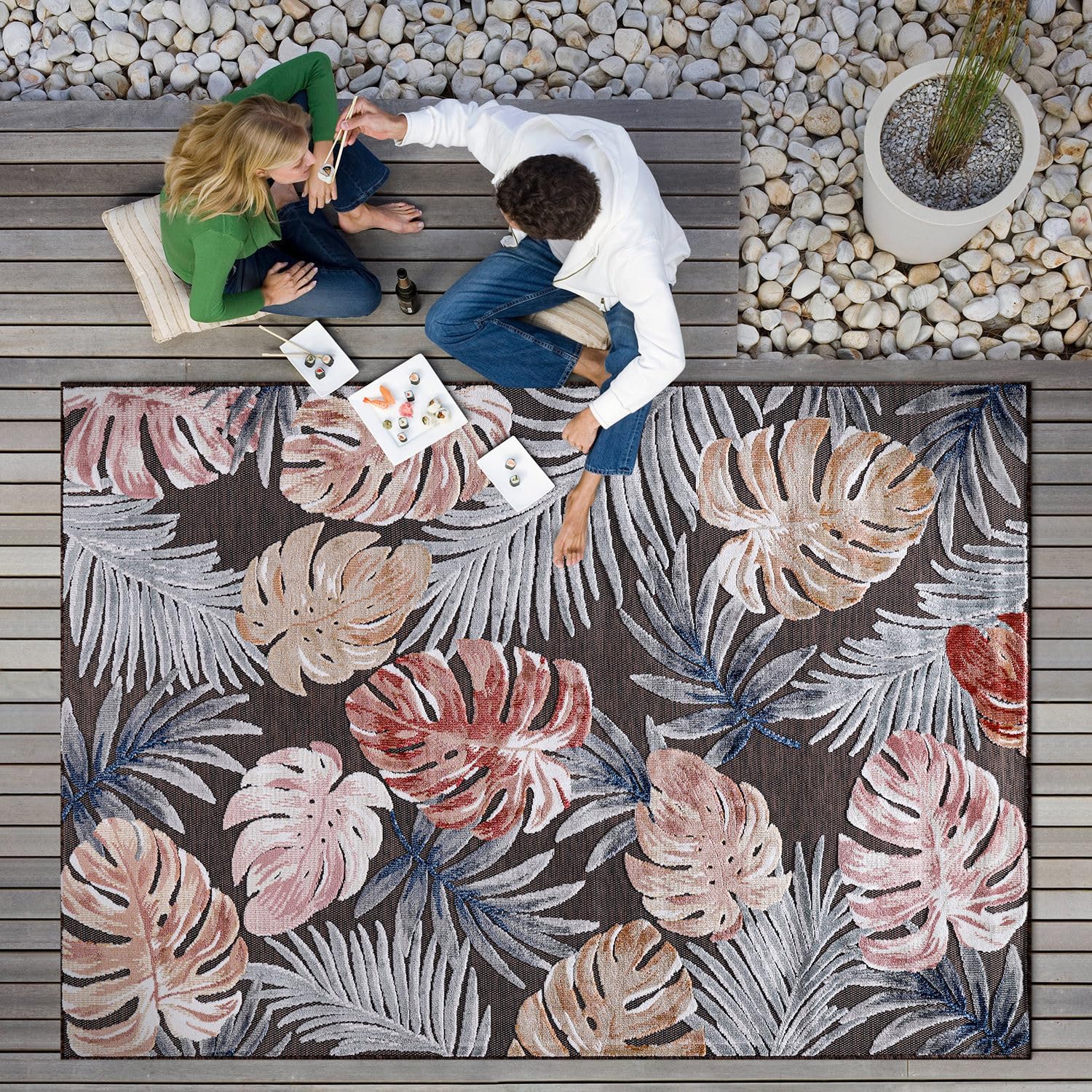 CAMILSON Alfombra para interiores y exteriores, alfombra de 6 x 9 pies, diseño botánico tropical de hojas marrones, fácil limpieza, no desprende