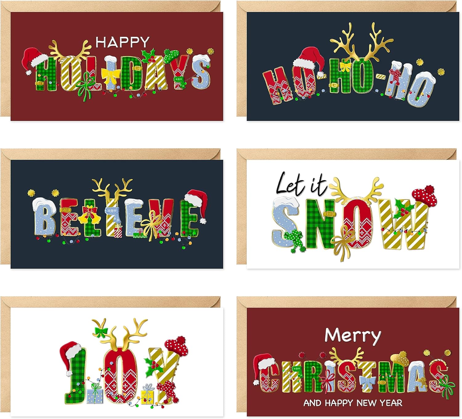 easykart labels Surtido de 18 tarjetas de Navidad con sobres y calcomanías de sellado, 6 diseños temáticos navideños con efecto de lámina y relieve,
