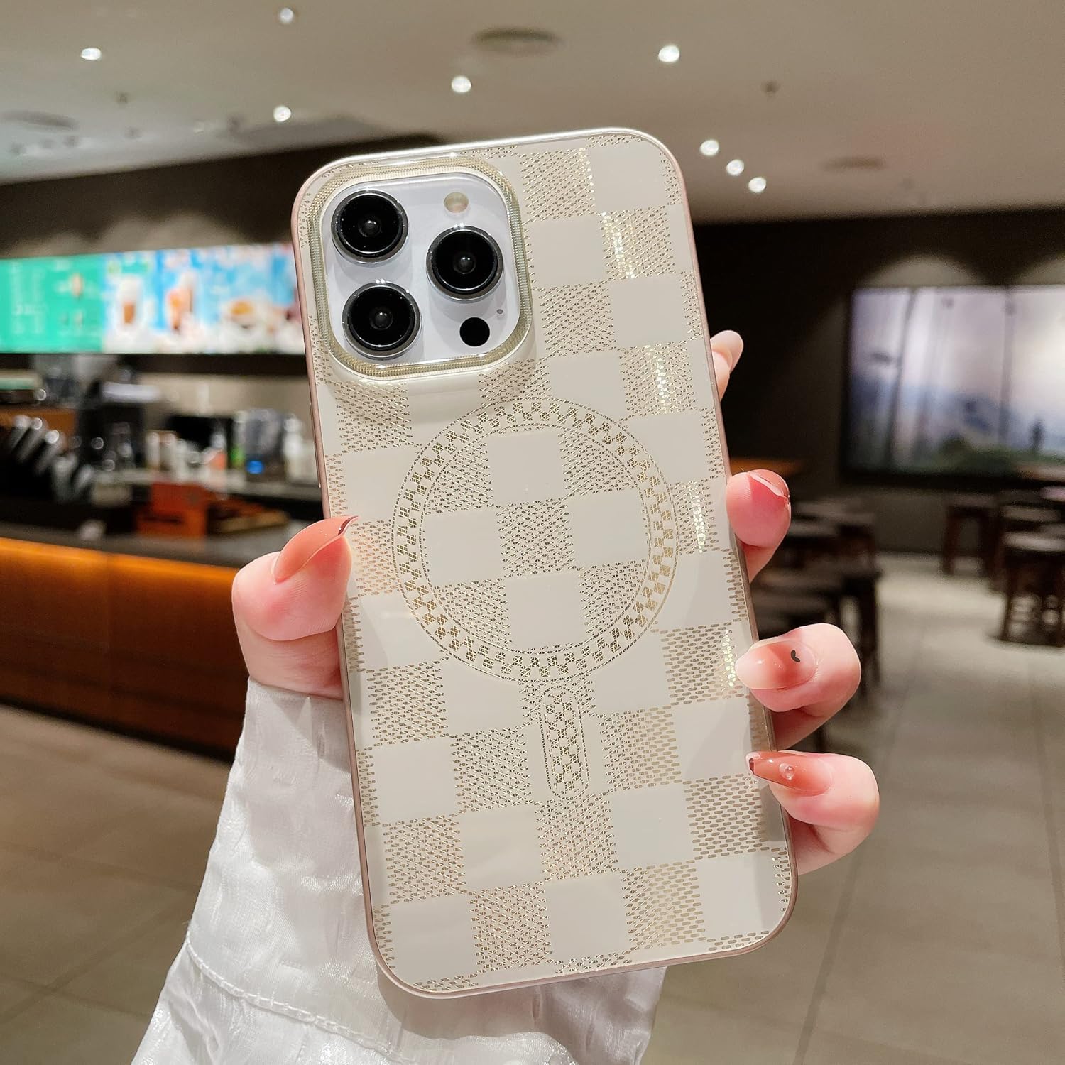RMAONT Funda magnética para iPhone 13 Pro Max, diseño de cuadrícula de ajedrez a cuadros, funda protectora a prueba de golpes, parte trasera dura,
