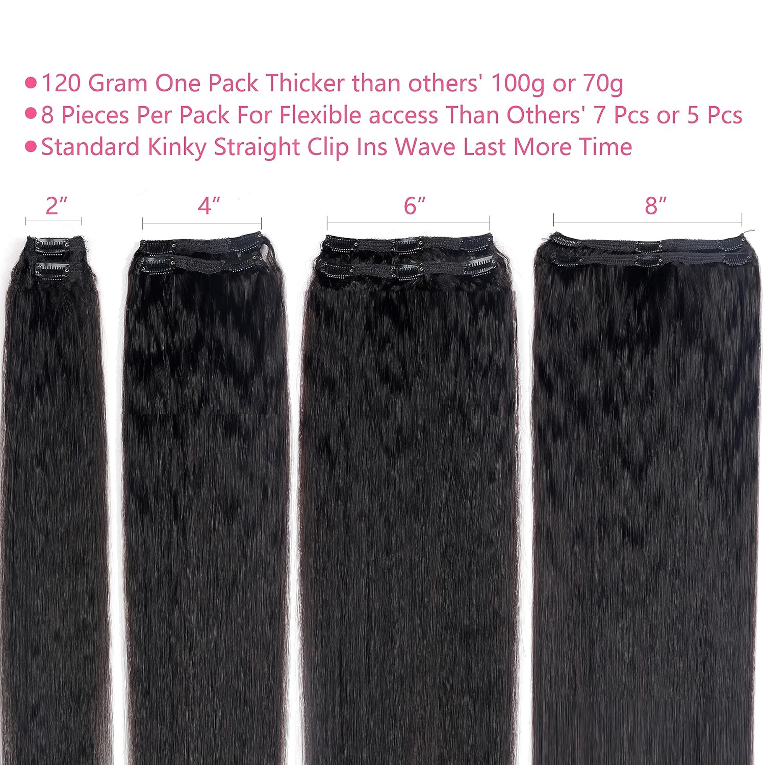 Extensiones de cabello humano real con clip, color negro natural, doble trama, para mujeres, 12 pulgadas, 4.23 oz, 8 unidades, 4.23 oz