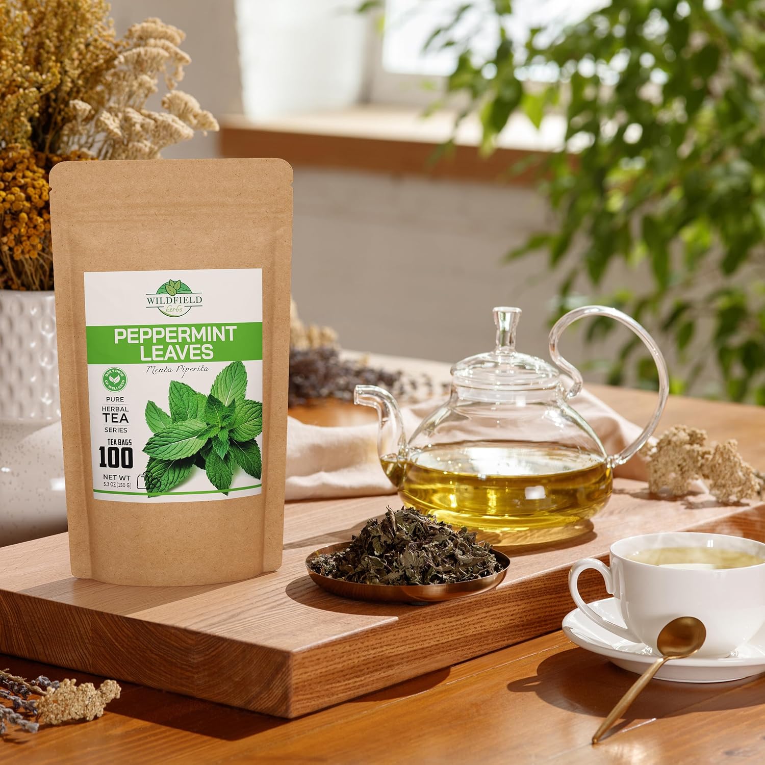 100 bolsas de té de menta, bolsas de té de menta, hojas sueltas de menta fresca (Menta Piperita), 100 bolsas de té de 0.05 onzas, hojas de menta