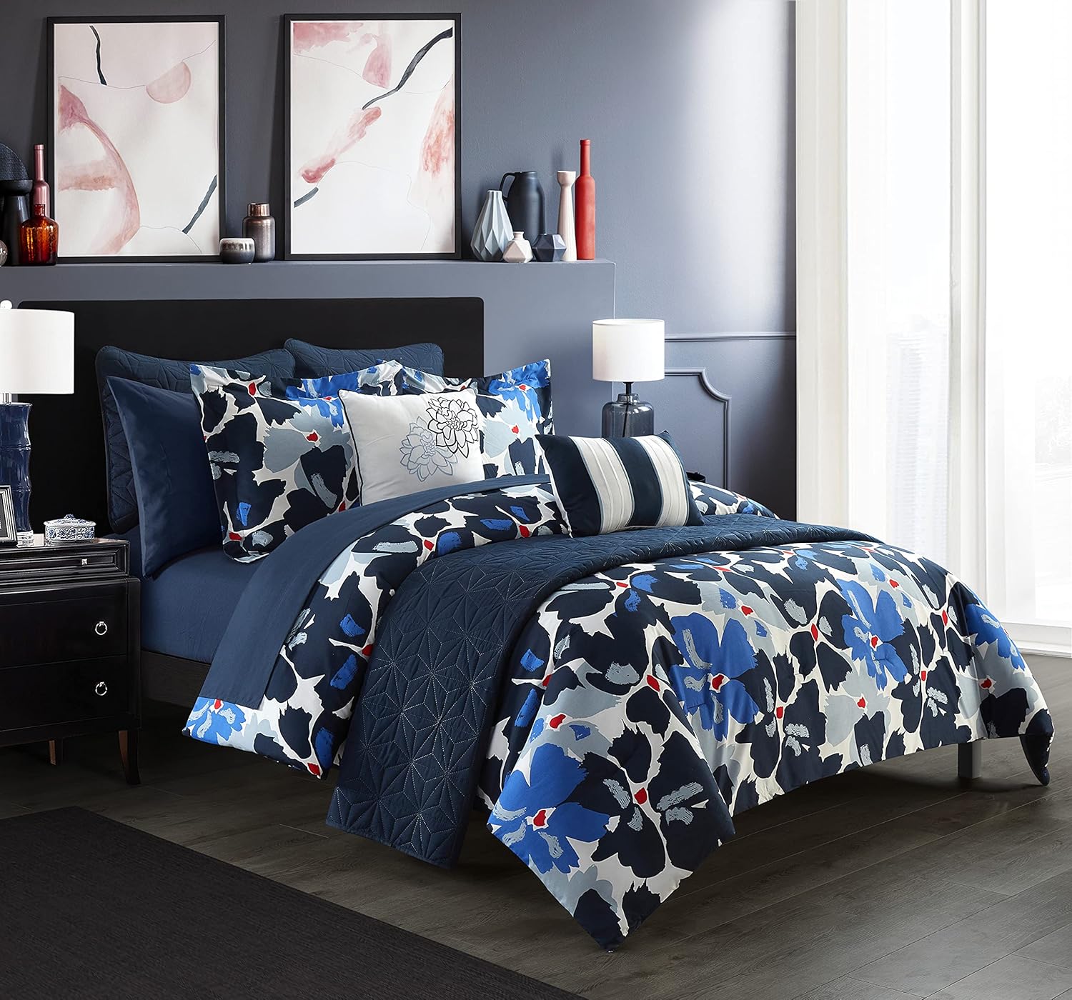 Chic Home Malea – Juego de edredón y edredón de 12 piezas con estampado floral contemporáneo en una bolsa, juego de sábanas y fundas de almohada