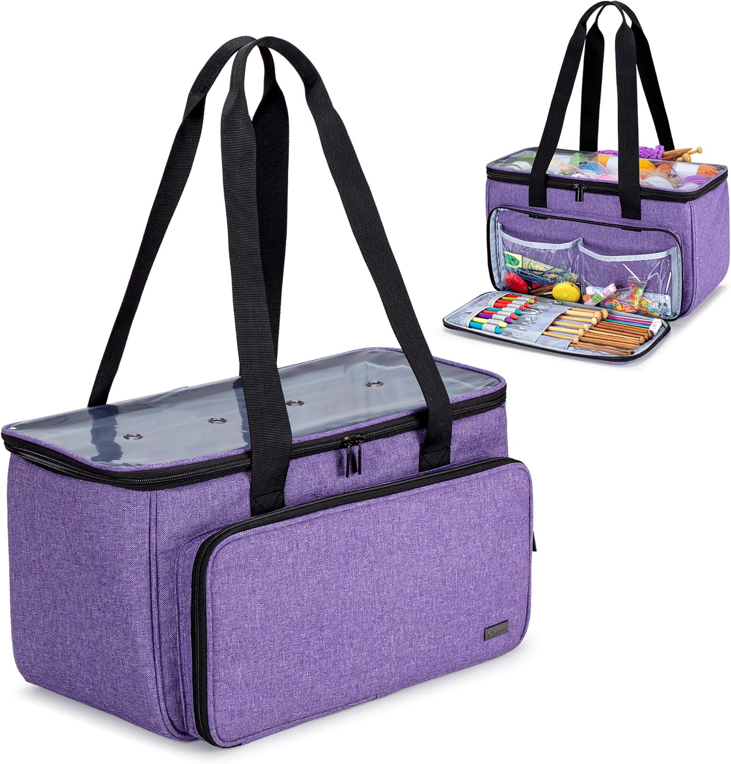 Yarwo Bolsa de hilo de tejer, bolsa de ganchillo con bolsillo para proyectos de limpieza, agujas de tejer (hasta 14 pulgadas) y madejas de hilo,
