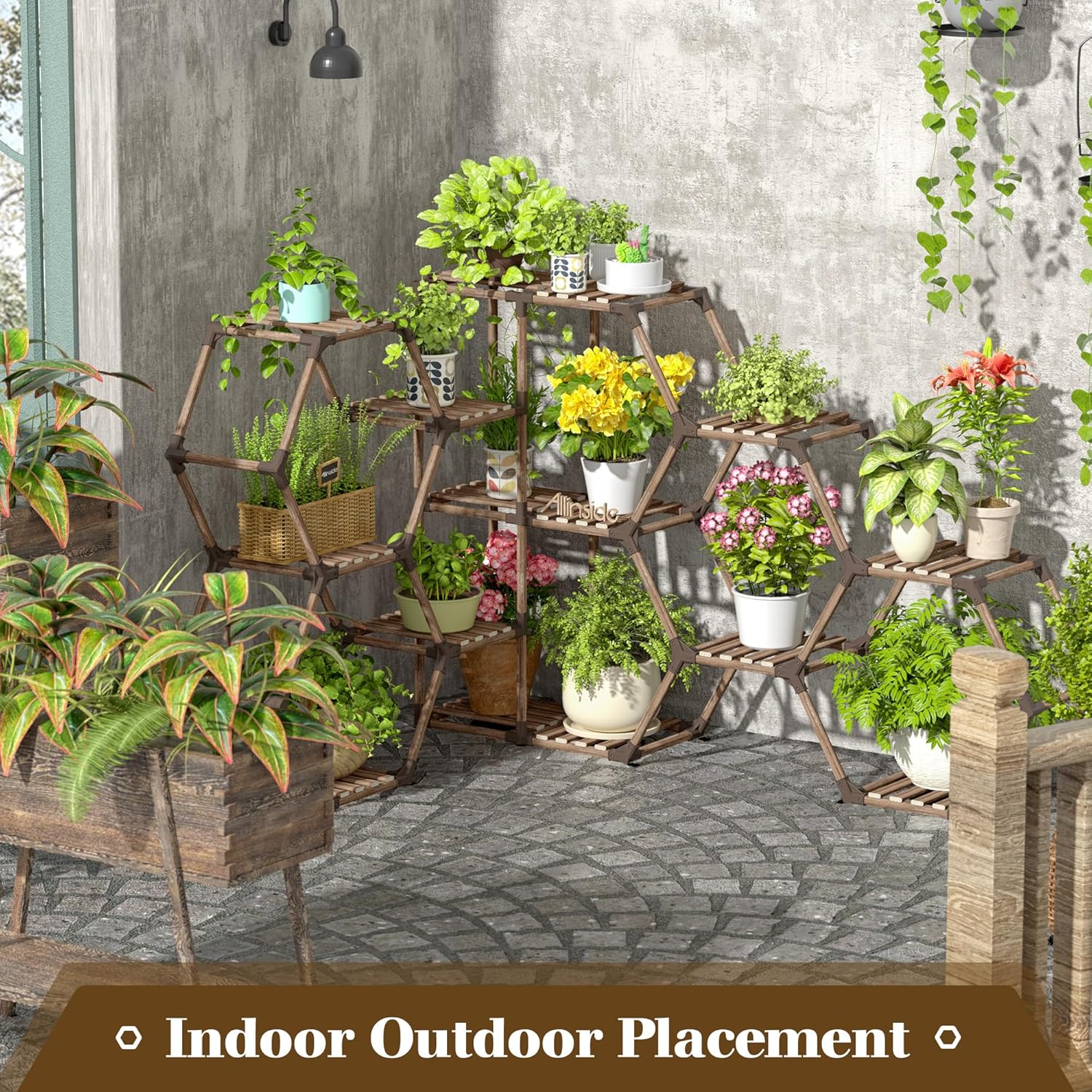 Allinside Soporte de esquina para plantas de interior, estante de esquina de 12 niveles para exteriores, soporte de madera para múltiples plantas,