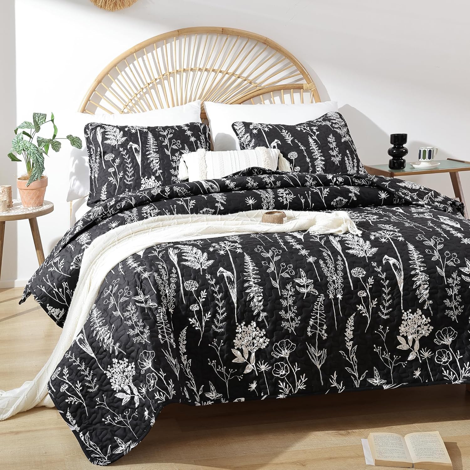 JANZAA Colchas negras tamaño Queen botánico de 3 piezas con patrón floral de microfibra ligera reversible 1 edredón tamaño Queen y 2 fundas de