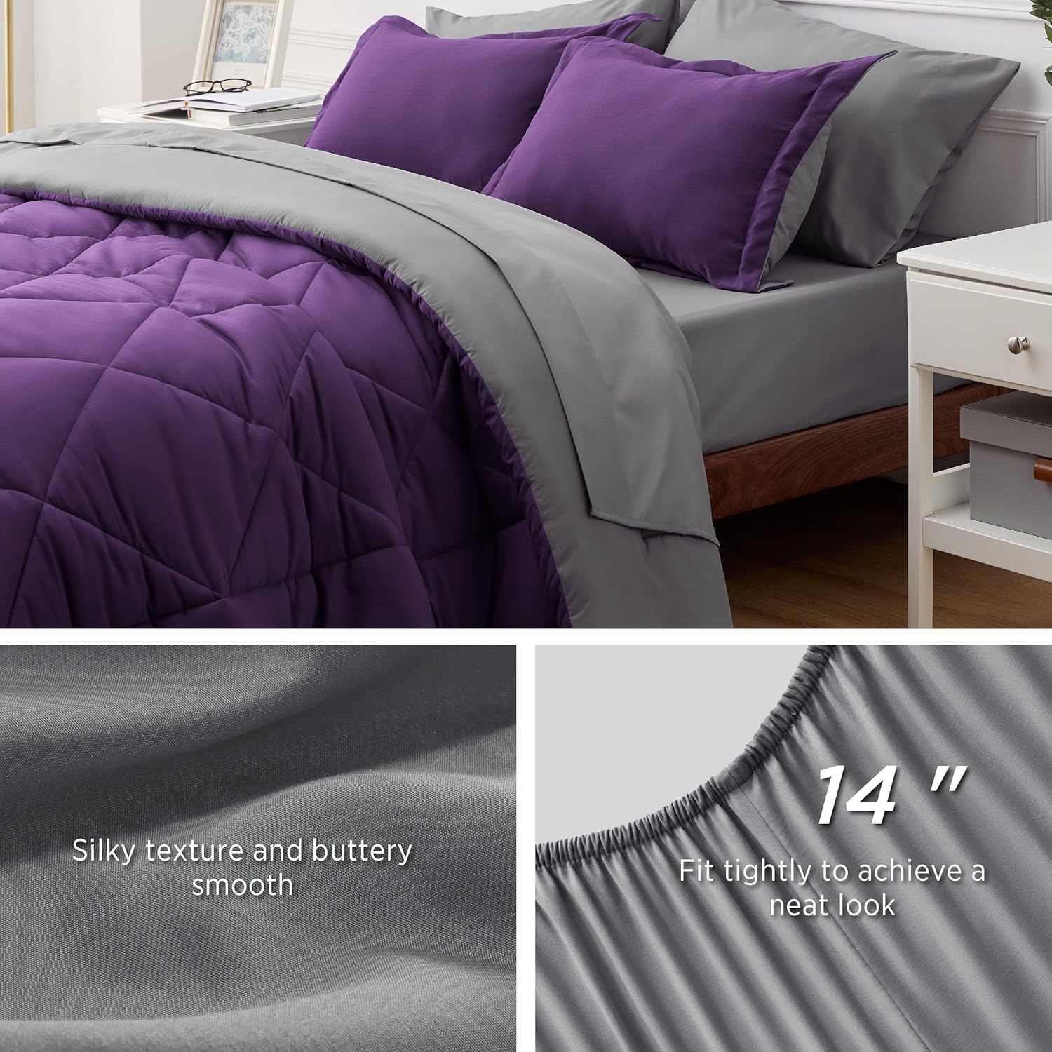 Bedsure Juego de edredón, matrimonial, reversible, de 7 piezas, en una bolsa, con edredón, sábanas, fundas de almohada y fundas, morado