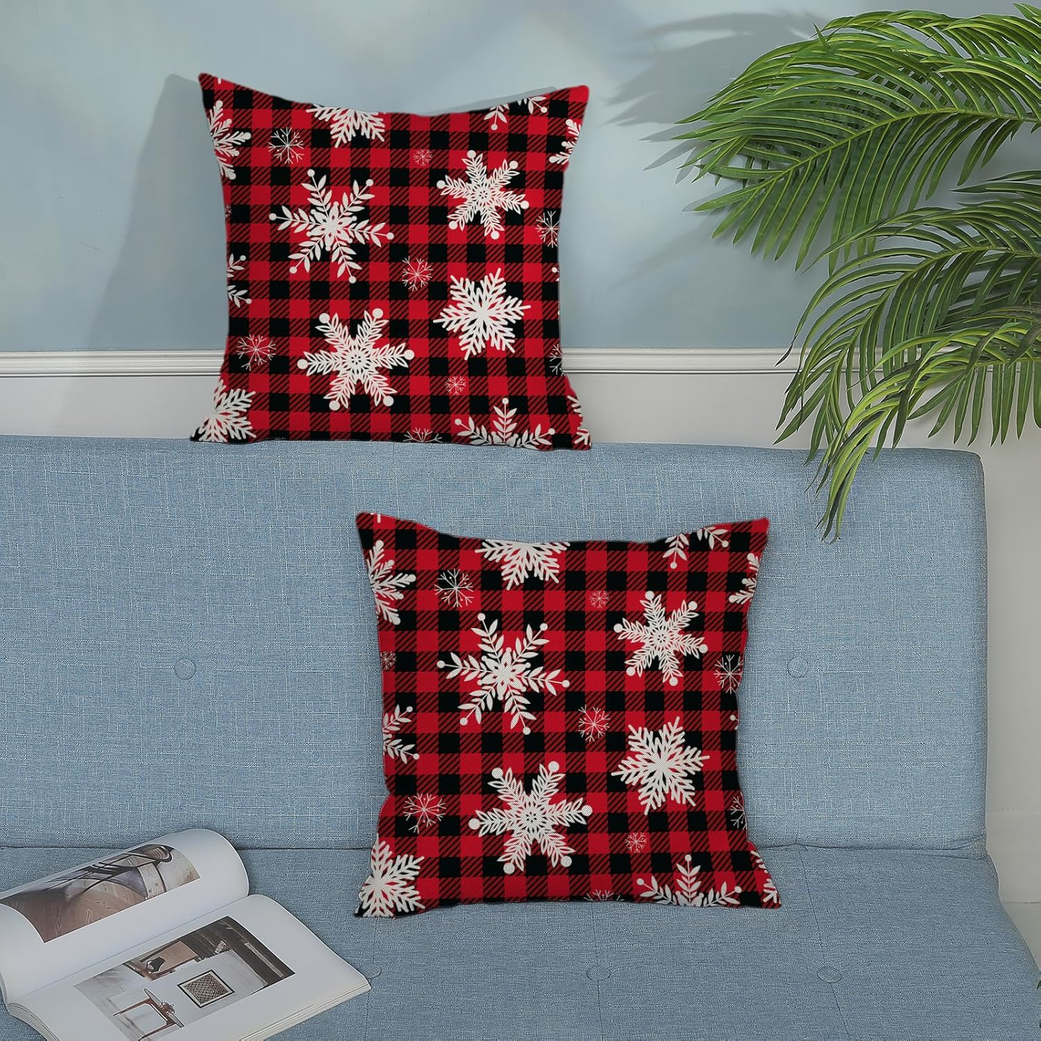 AGAYNA Juego de 2 fundas de almohada de Feliz Navidad de 20 x 20 pulgadas, diseño de búfalo rojo y negro a cuadros, fundas de cojín decorativas para