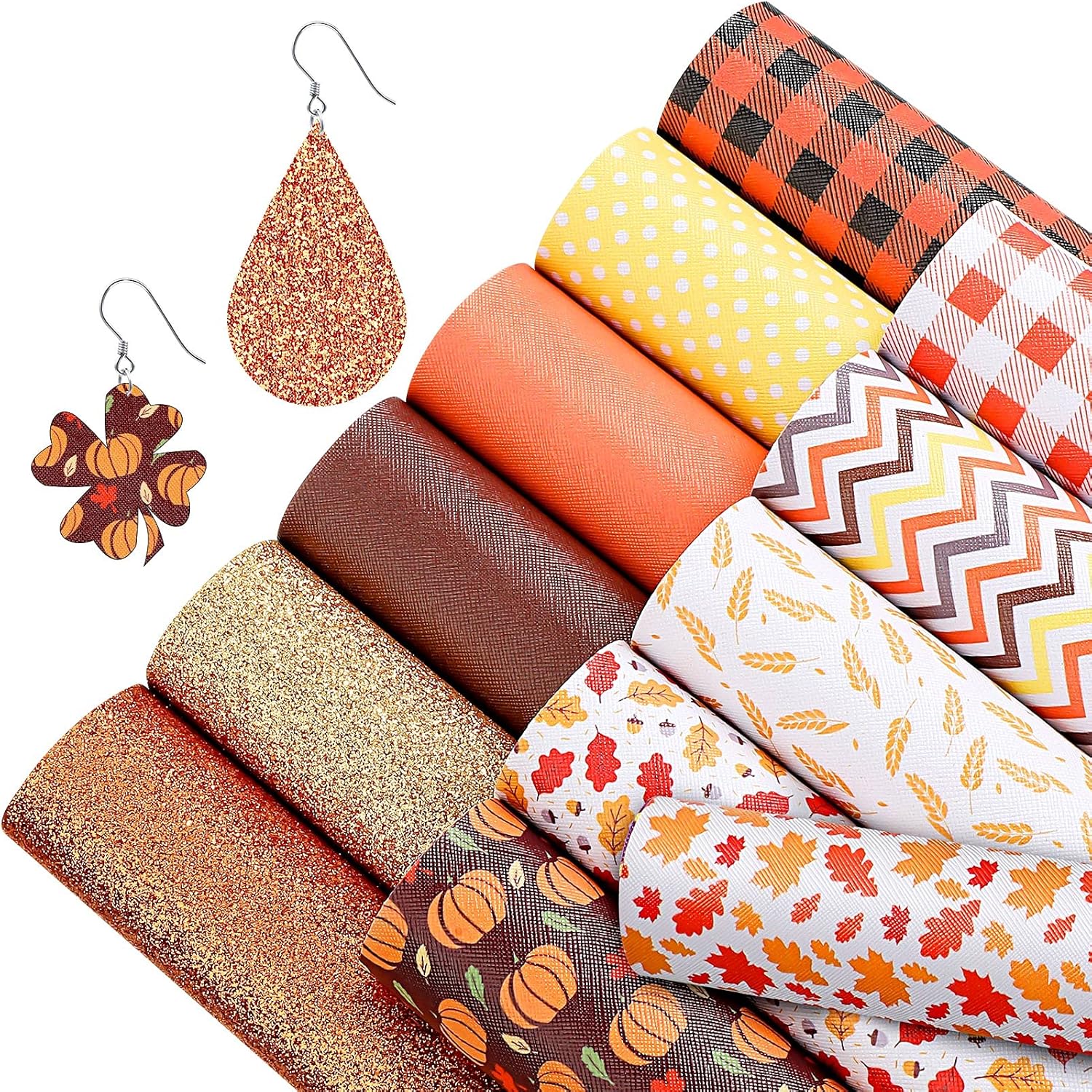 12 piezas de hojas de cuero sintético de Acción de Gracias, hojas de otoño, plumas de calabaza, impresión de aretes, hojas de cuero, kit de
