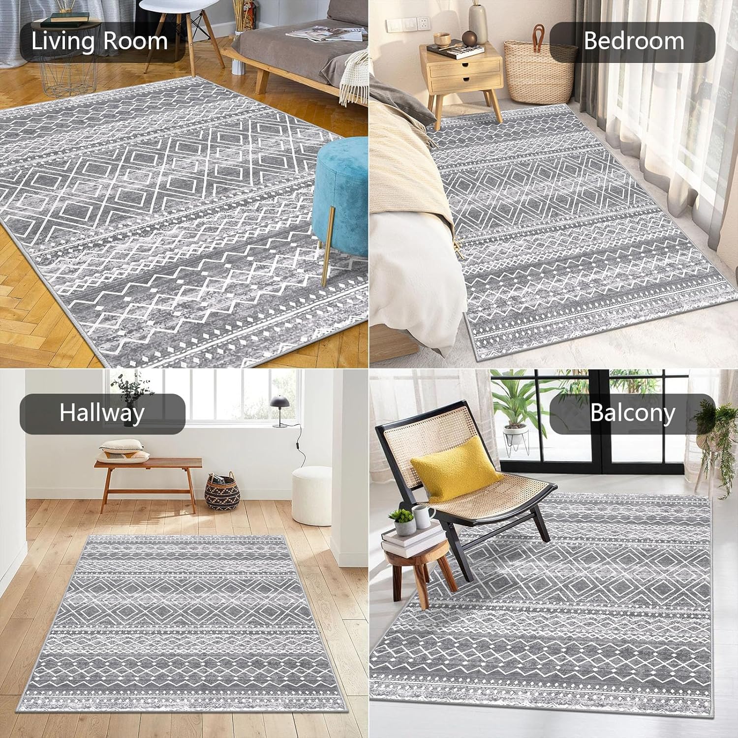 HEBE Alfombra bohemia de 3 x 5 pies, antideslizante, para sala de estar, lavable, alfombra suave para entrada, comedor, alfombra vintage para