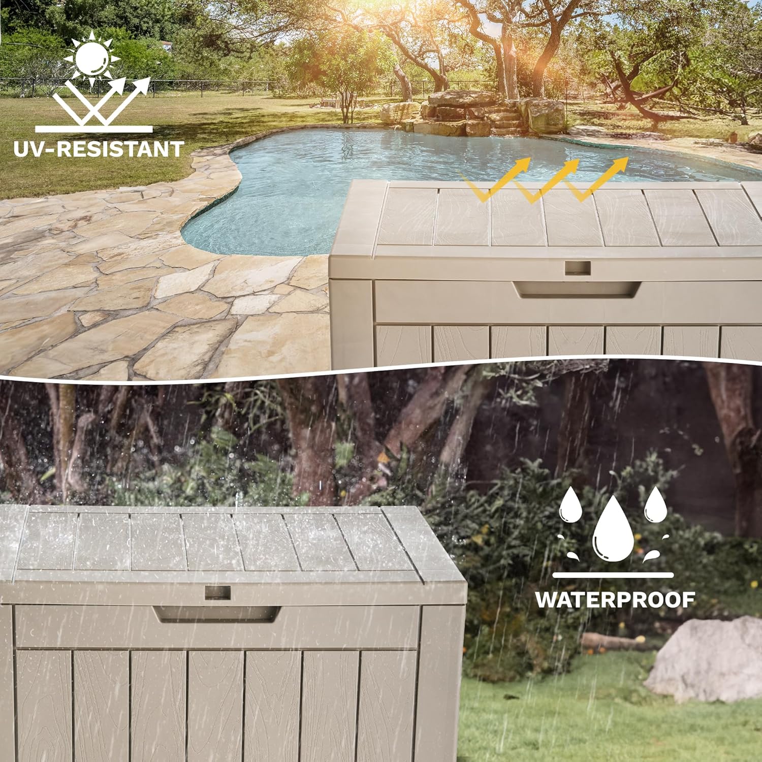 DWVO Caja de almacenamiento para exteriores de 30 galones, caja de resina resistente a la intemperie con cerradura para muebles de patio, accesorios