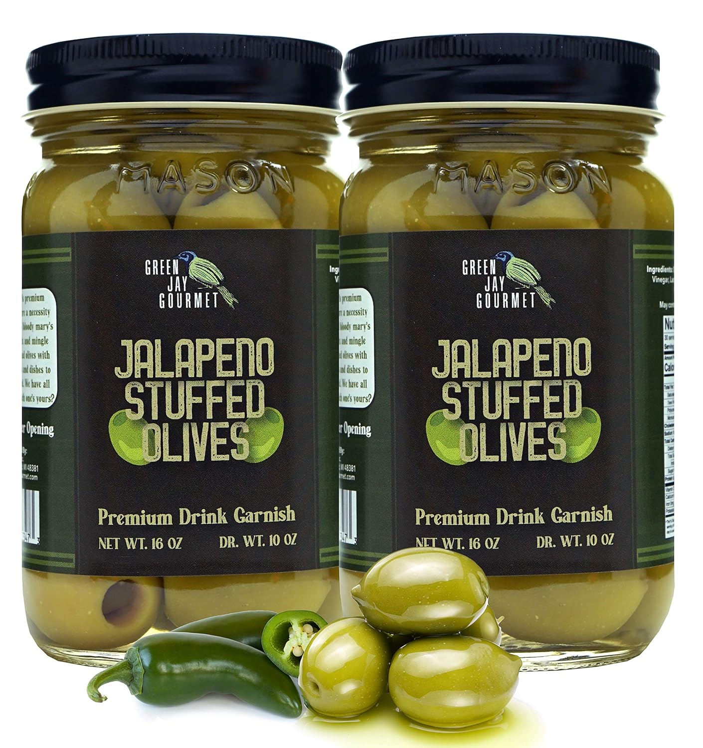 Green Jay Gourmet Aceitunas rellenas de jalapeño – Aceitunas verdes rellenas para recetas de guarnición de cóctel y tabla de queso – Aceitunas de