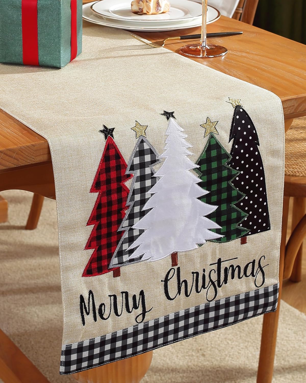 Camino de mesa de Navidad de 70 pulgadas de largo con bordado de búfalo a cuadros, patrón de árboles de Navidad de lino, decoración de Navidad para