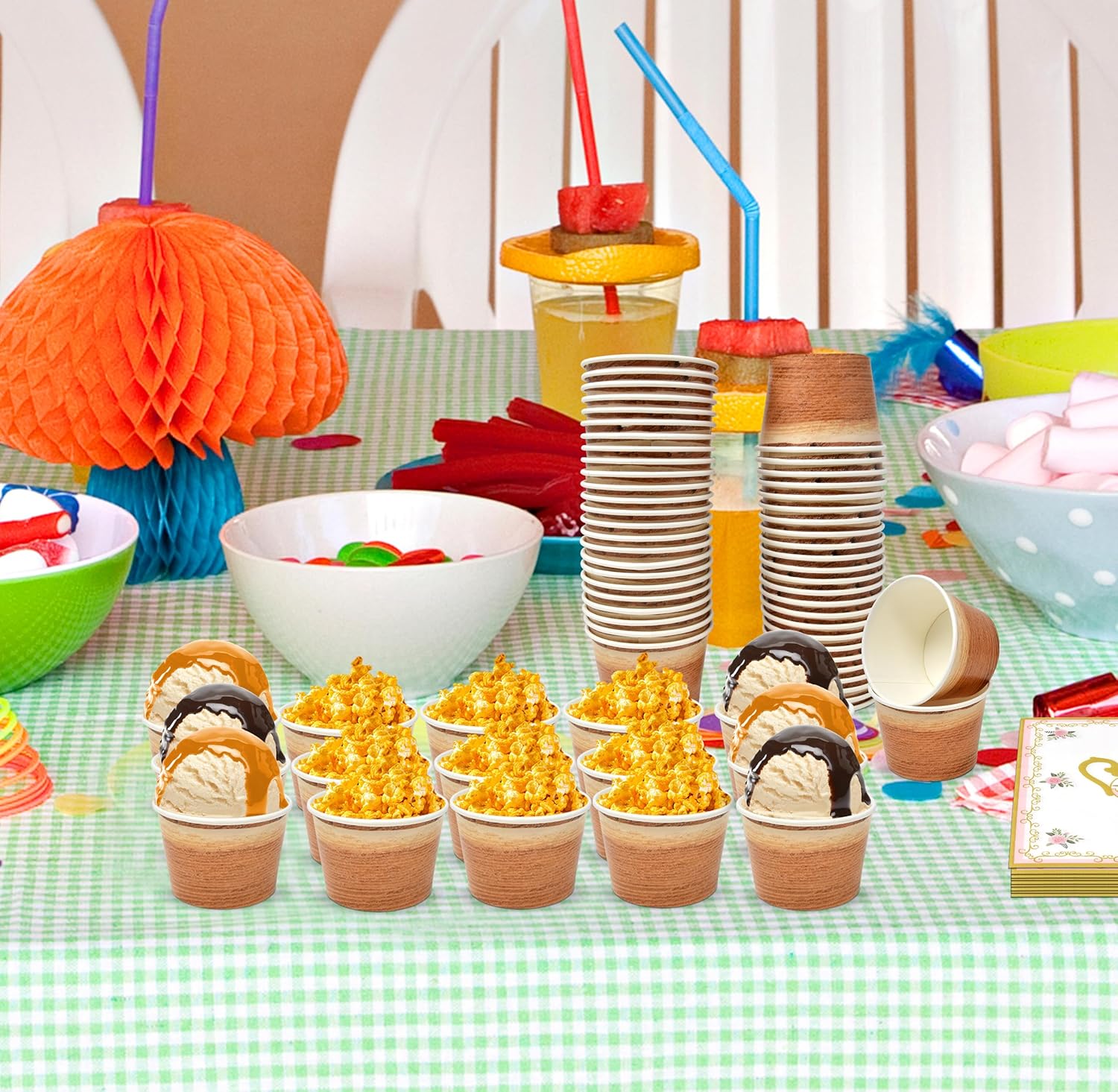 Gift Boutique 48 tazas de madera rústica, 10 onzas, café cortado de madera marrón, tazones de papel desechables para postres y helados, para