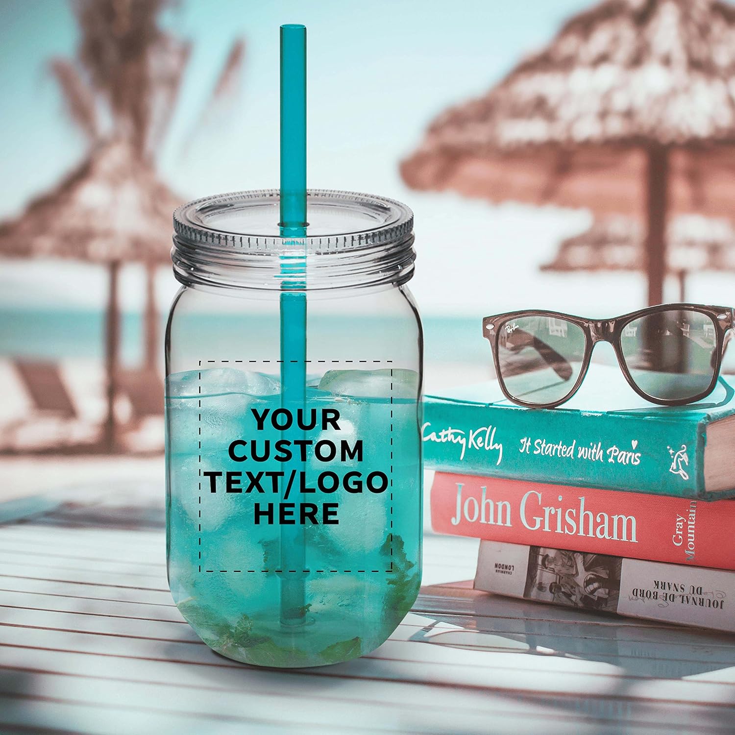 DISCOUNT PROMOS Juego de 10 tarros de plástico personalizados con pajilla, 24 onzas, paquete a granel personalizado  Tarros para avena durante la