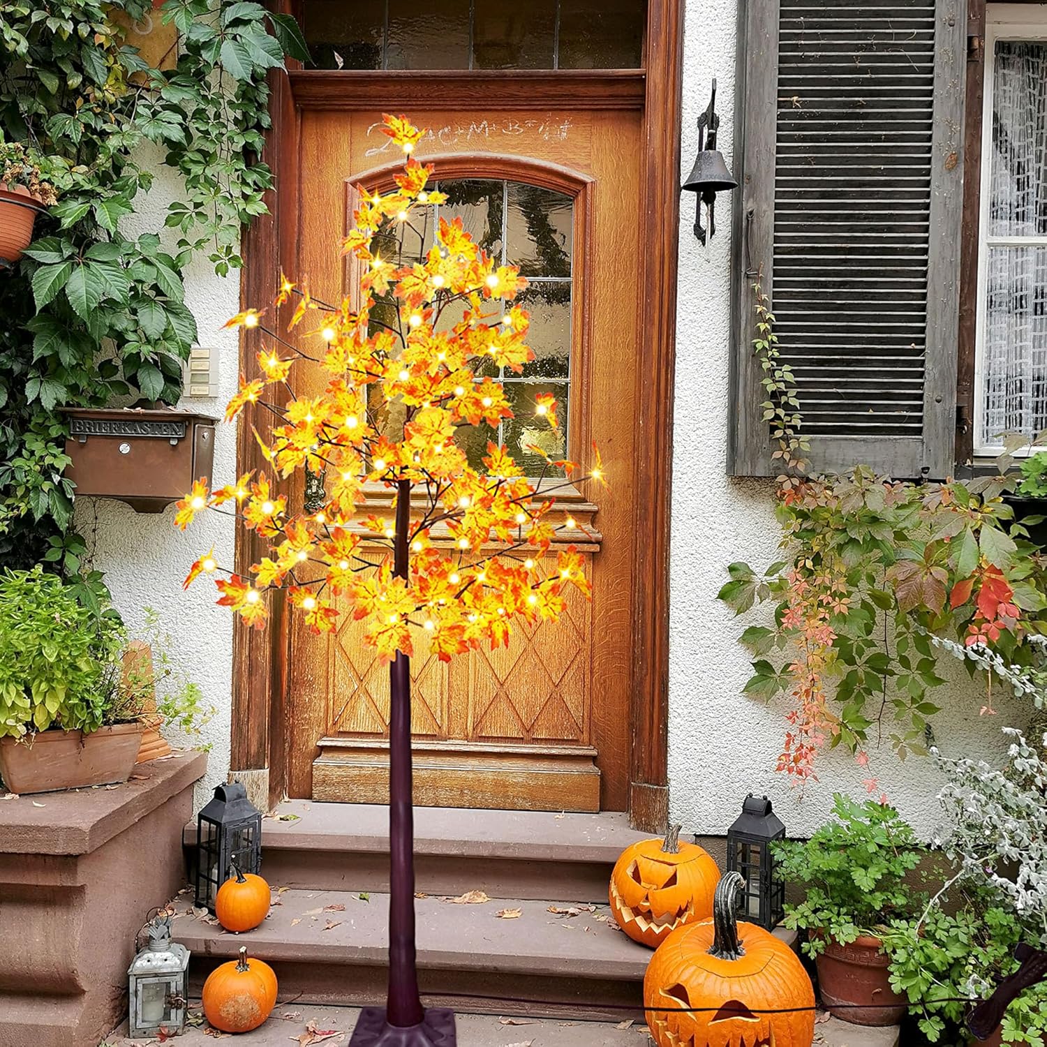Árbol de arce artificial solar de 6 pies con 120 luces LED blancas cálidas preiluminadas, decoración de árbol de otoño con modos de iluminación