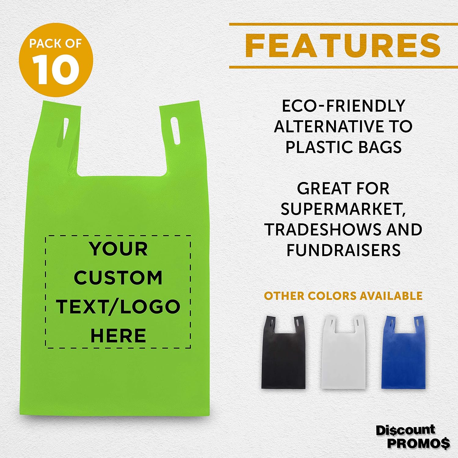 DISCOUNT PROMOS Bodega – Juego de 10 bolsas de mano ligeras personalizadas, reutilizables, ideales para comestibles, ferias comerciales, recuerdos