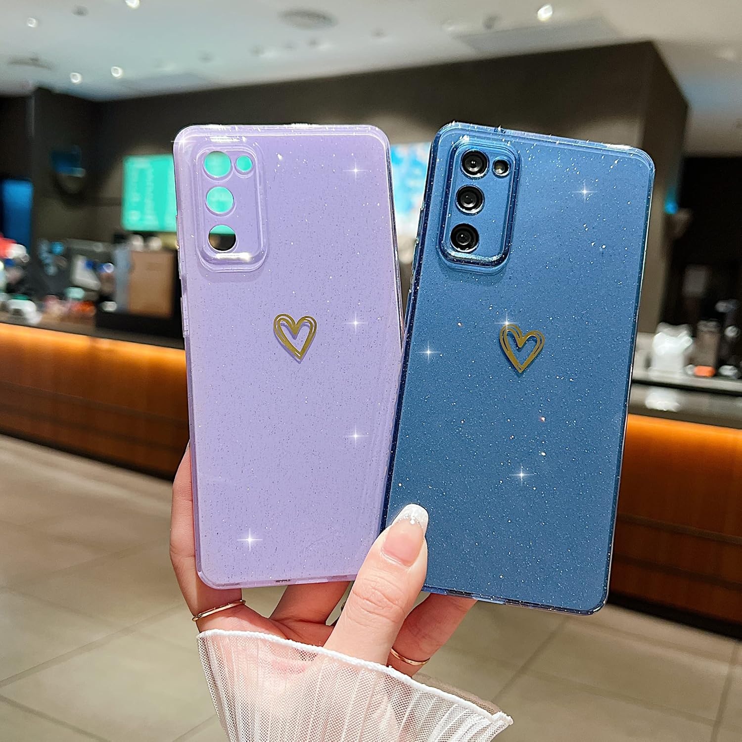 Funda compatible con Samsung Galaxy S20 FE 5G, diseño de corazón de amor, TPU suave a prueba de golpes, funda protectora brillante con purpurina