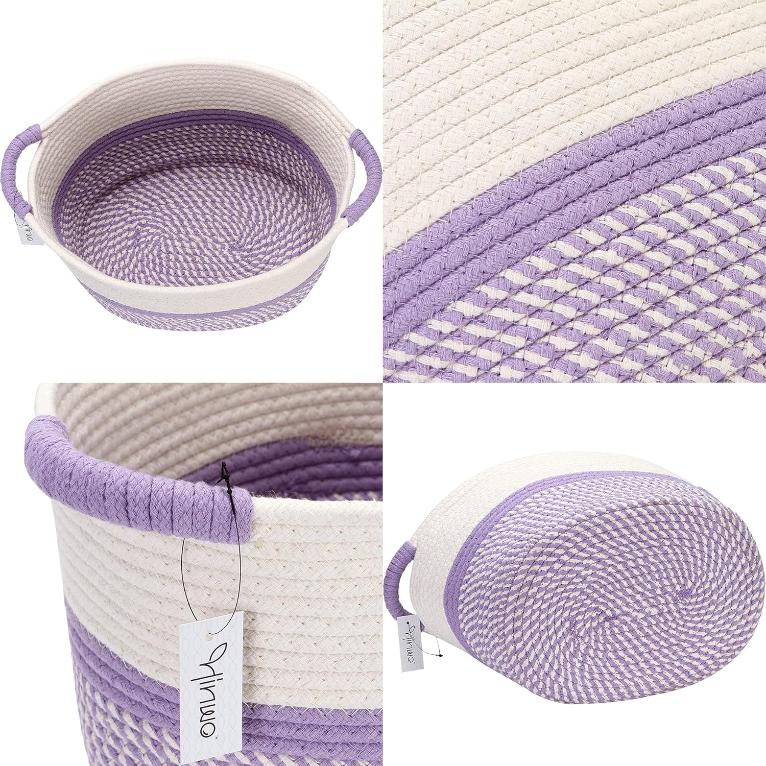 Hinwo Cesta de almacenamiento ovalada de cuerda de algodón, plegable, organizador con asas, 13 x 10 pulgadas, color blanco roto y lavanda