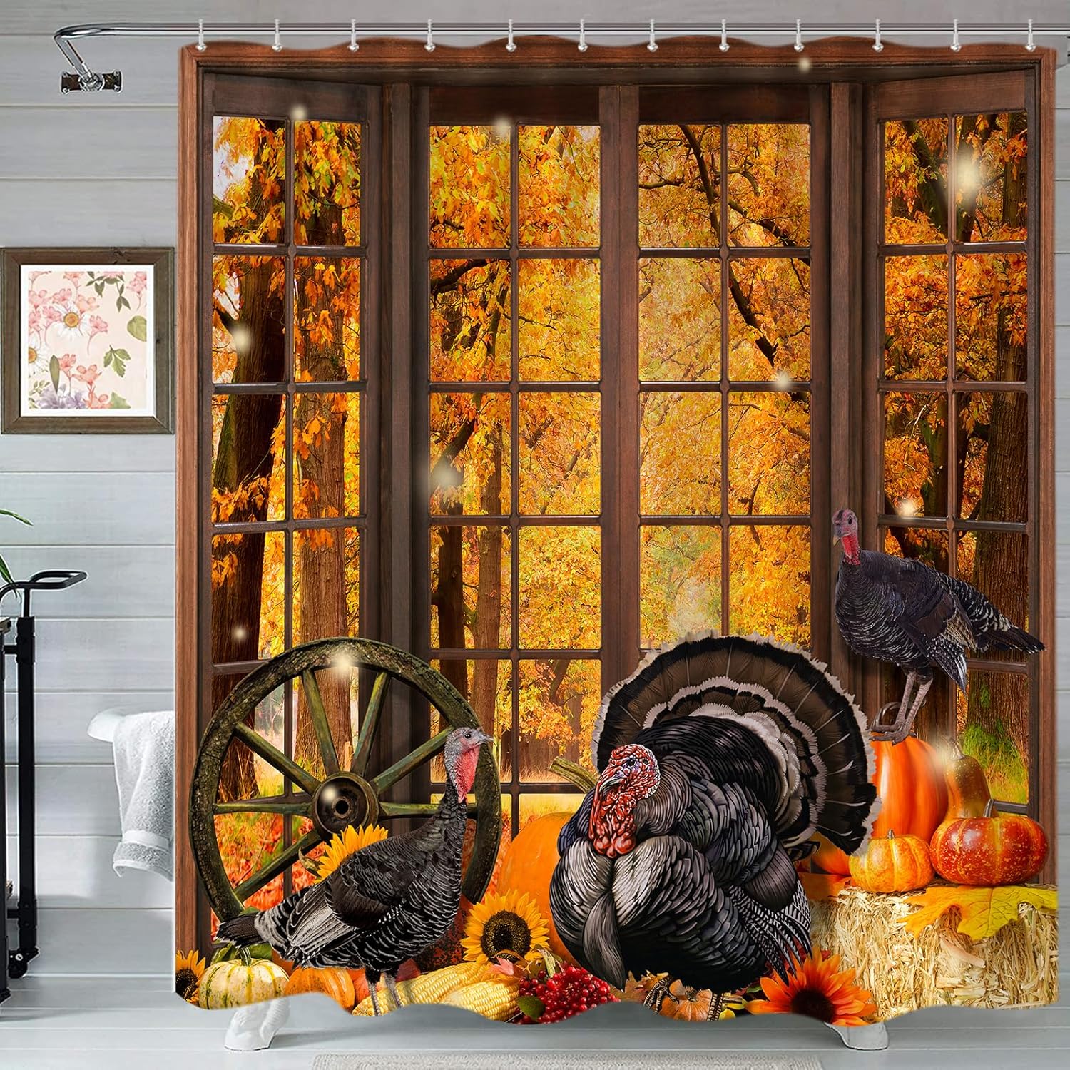 Cortina de ducha de otoño de Acción de Gracias, calabazas de pavo de granja, cosecha de bosque otoñal, juego de cortinas de ducha para decoración de