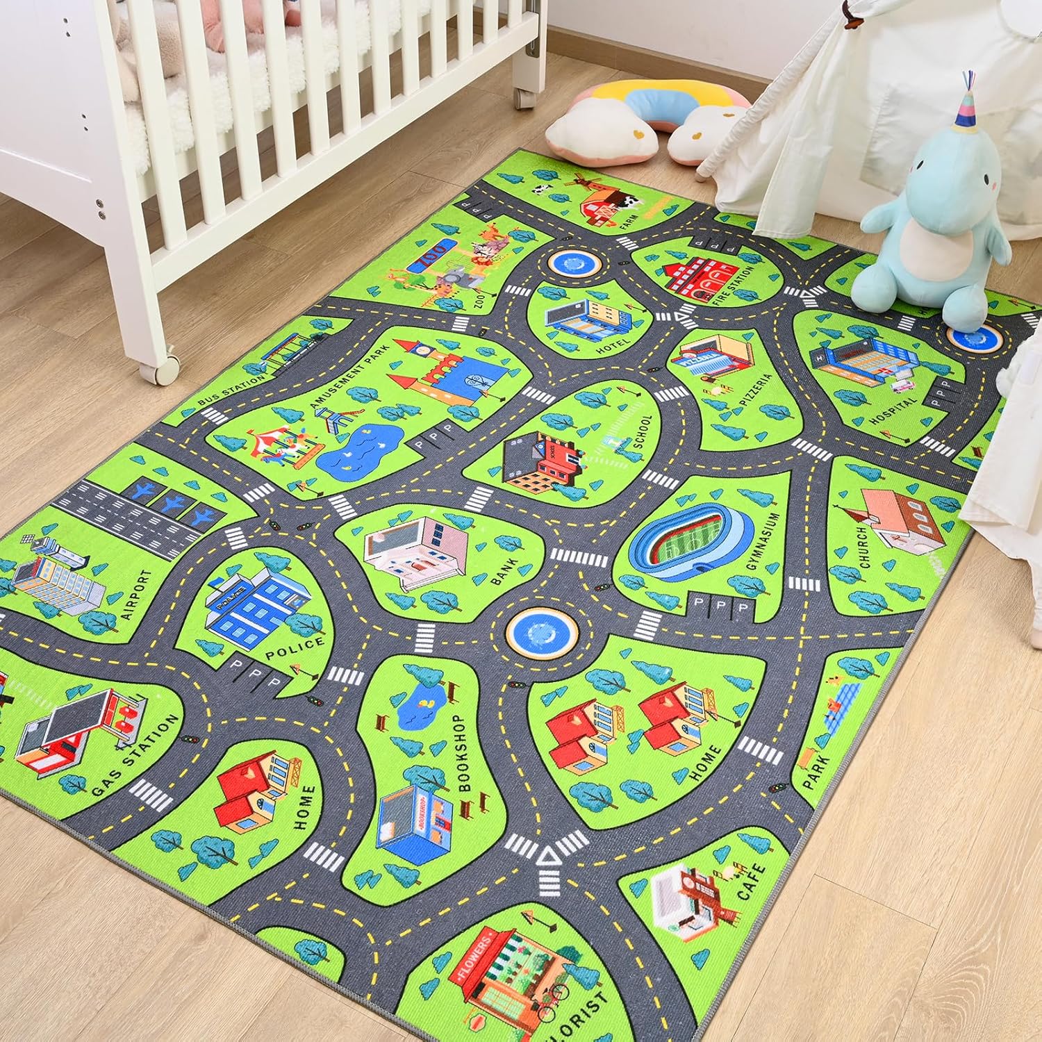 Alfombra de juego para niños de 4 x 6 pies, alfombra educativa para niños para autos de juguete, alfombra antideslizante para sala de juegos para